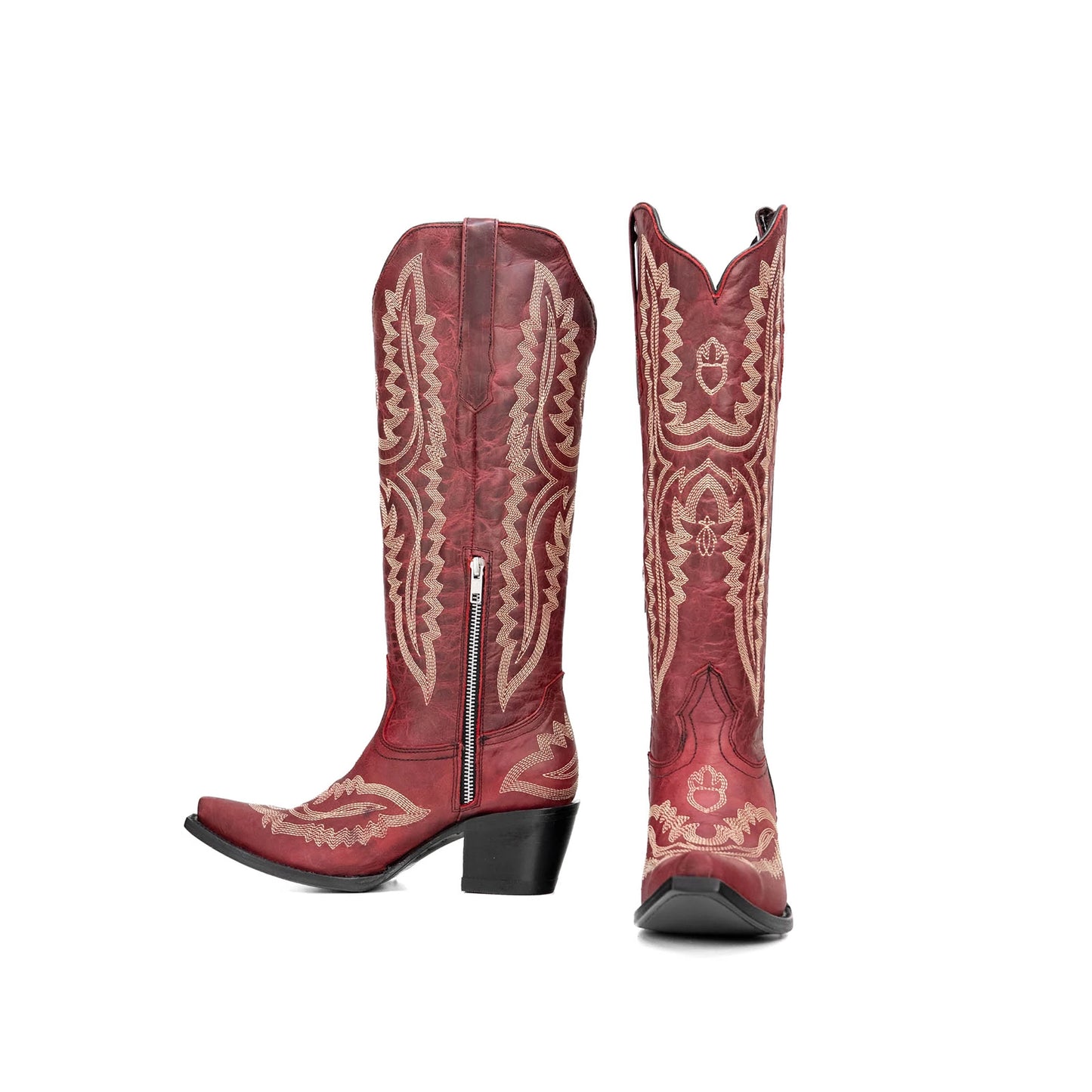 Wine Red Snip-Toe Embroidery Half-Zip Knee High Classic Cowgirl Boots