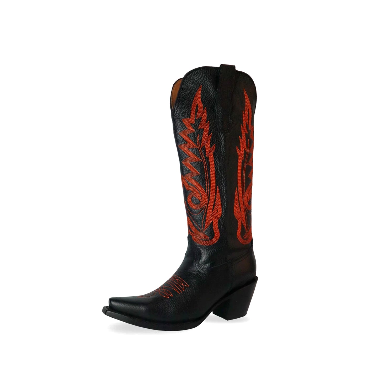 Black Snip-Toe Orange Embroidery Mid Calf Cowgirl Boots