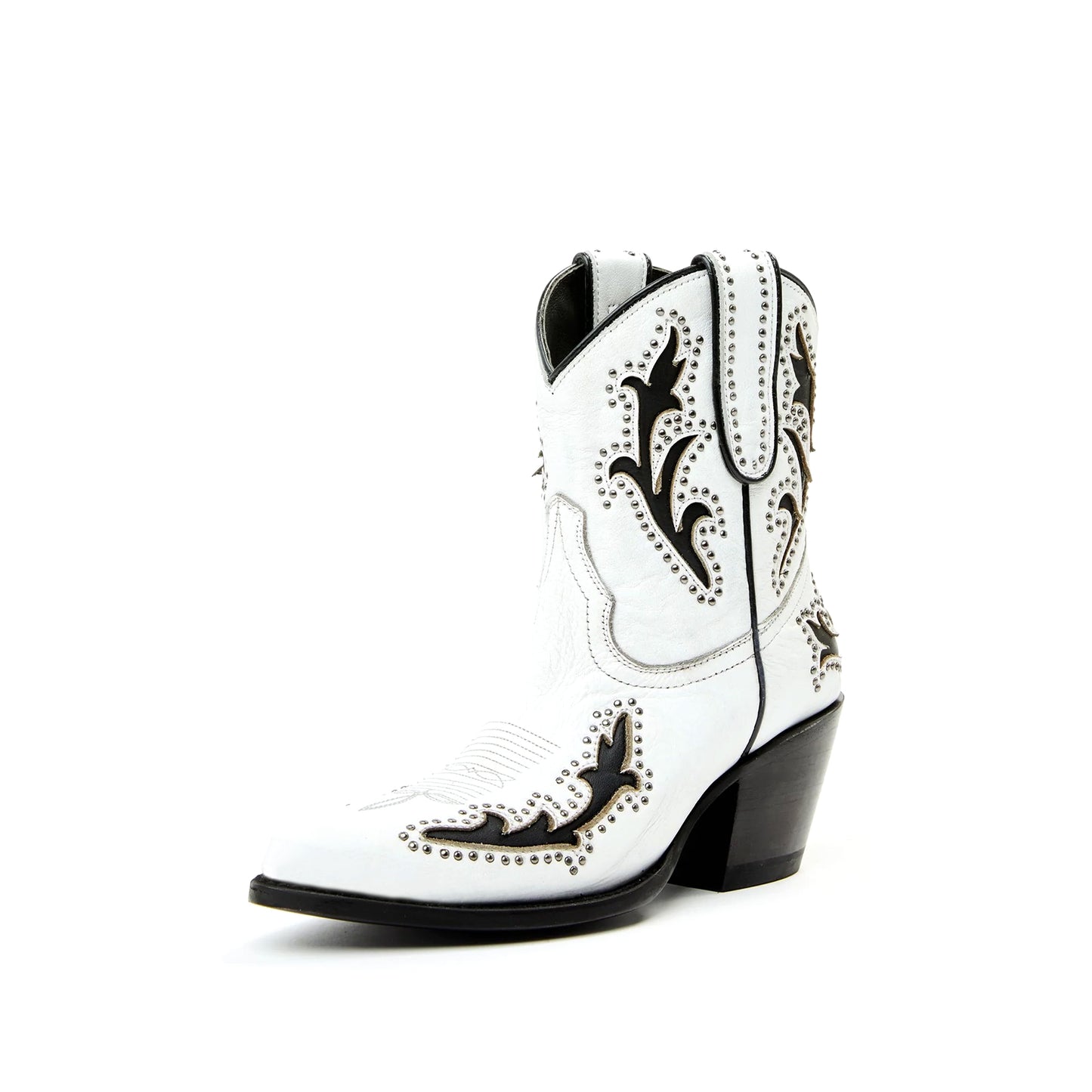 White Almond-Toe Black Inlay Studded Ankle Cowgirl Boots