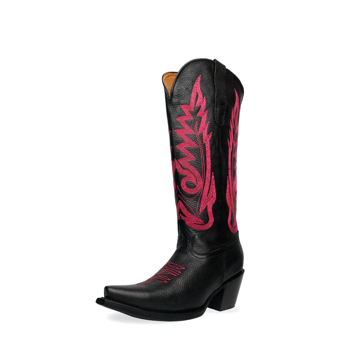Black Snip-Toe Red Embroidery Mid Calf Cowgirl Boots