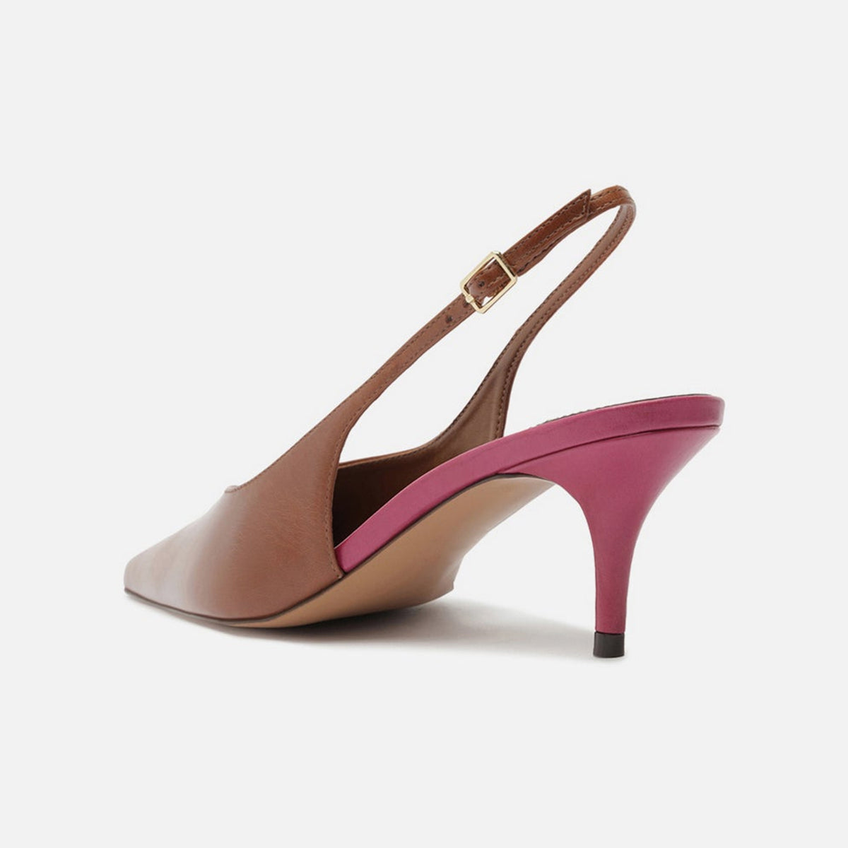 Brown Vegan Leather Pointed-Toe Buckle Back Strap Sleek Kitten Heels