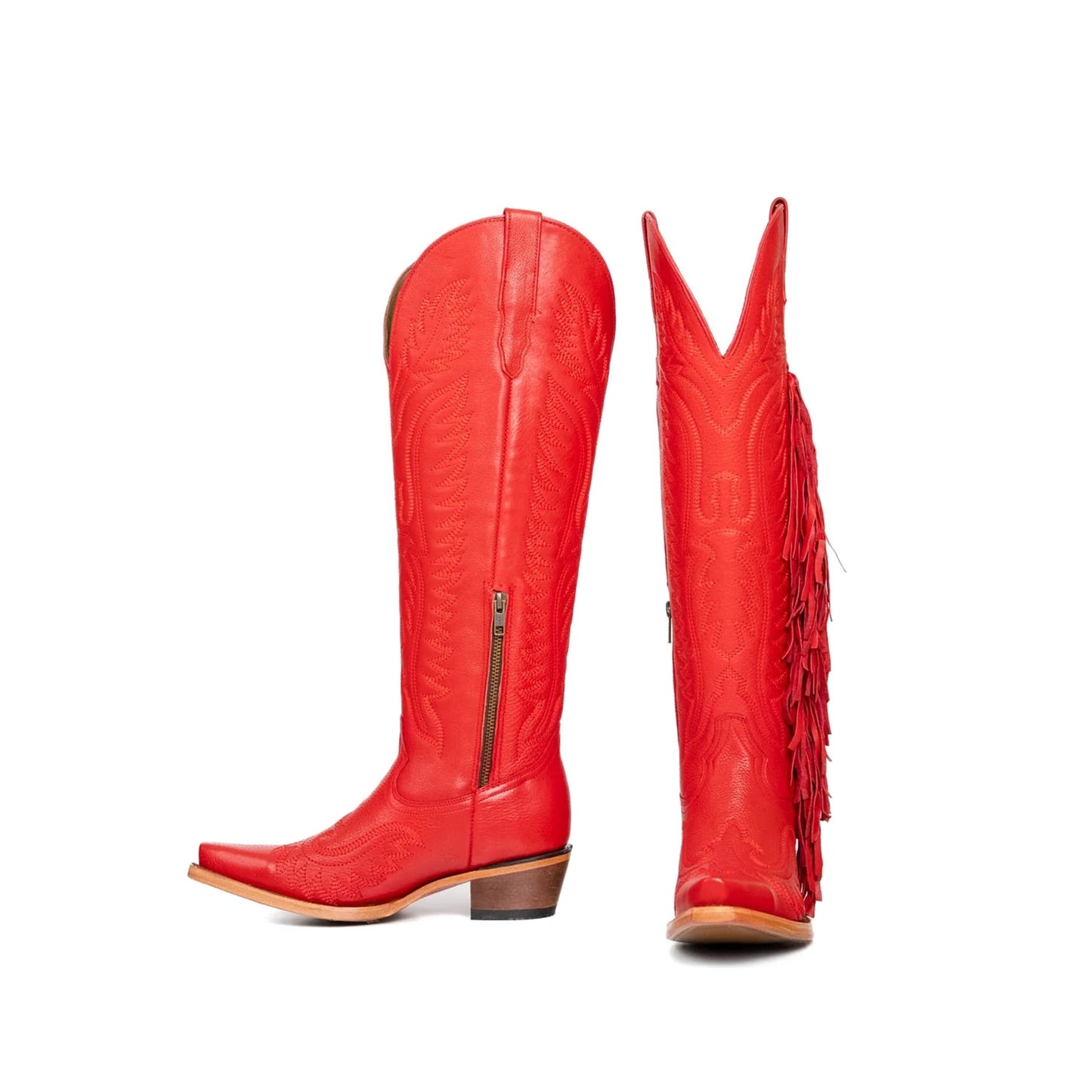 Red Snip-Toe Embroidery Side Fringe Half-Zip Knee High Cowgirl Boots