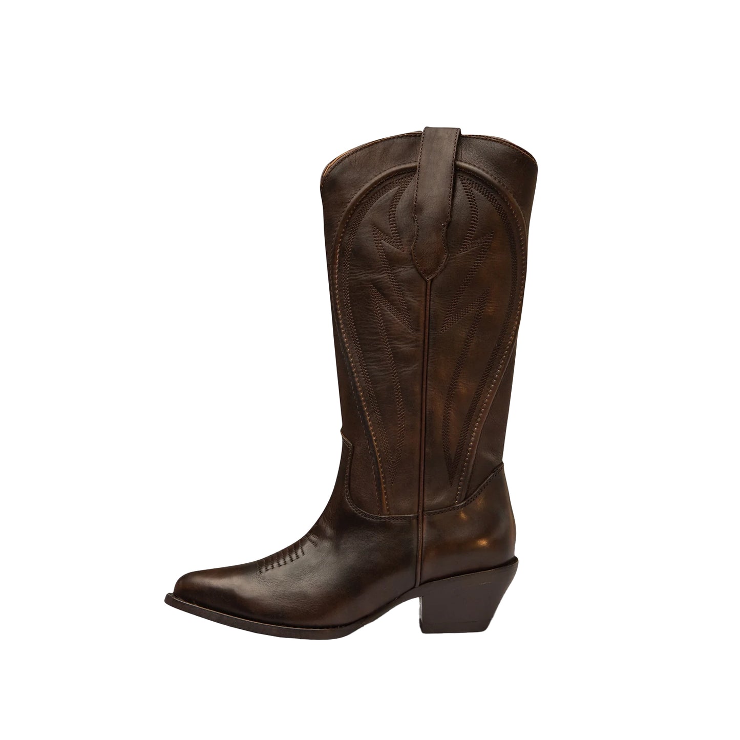 Dark Honey Almond-Toe Mid Calf Simple Embroidery Cowgirl Boots