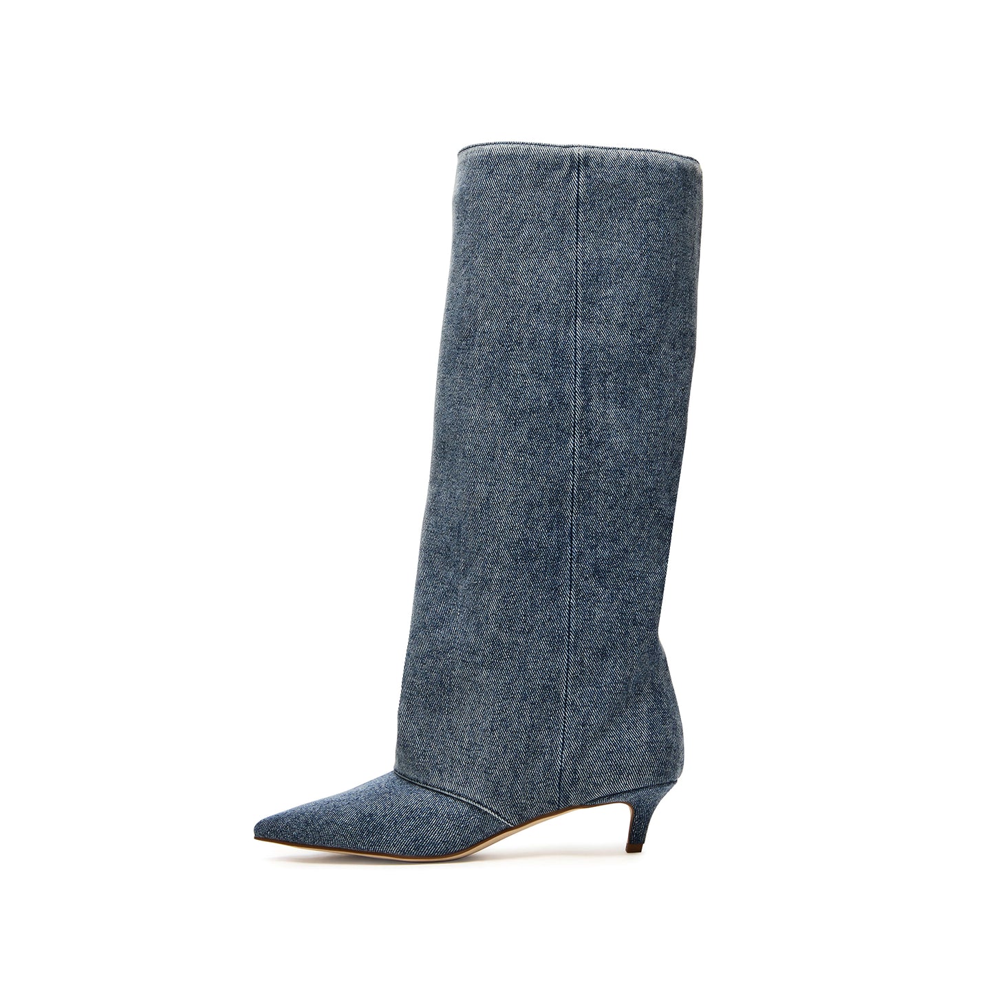 Blue Denim Pointed-Toe Wide Calf Knee High Stiletto Boots