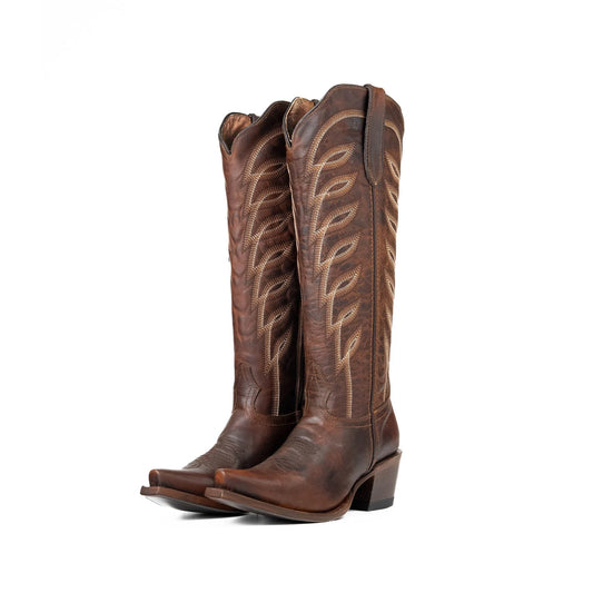 Coffee Snip-Toe Half-Zip Embroidery Knee High Cowgirl Boots
