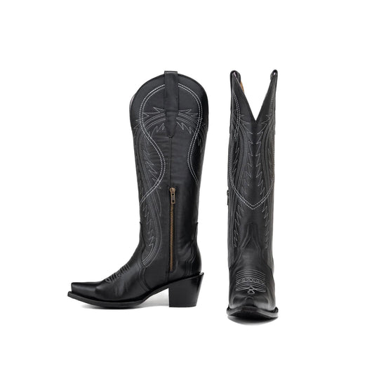 Black Snip-Toe Half-Zip Double Embroidery Knee High Cowgirl Boots
