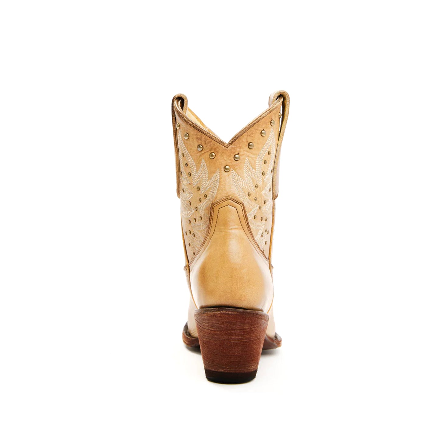 Tan Round-Toe Embroidery Studded Ankle Cowgirl Boots