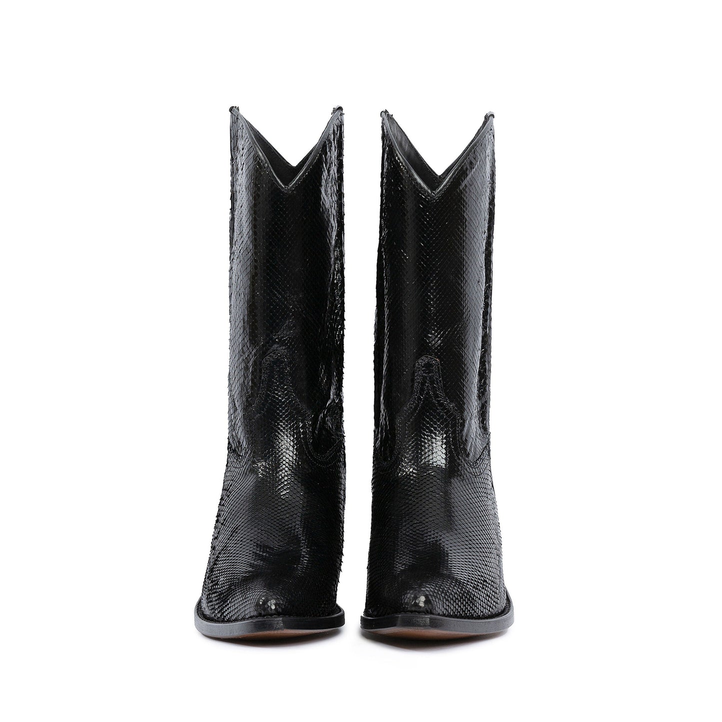 Black Snakeskin Print Almond-Toe Chic Mid Calf Cowgirl Boots