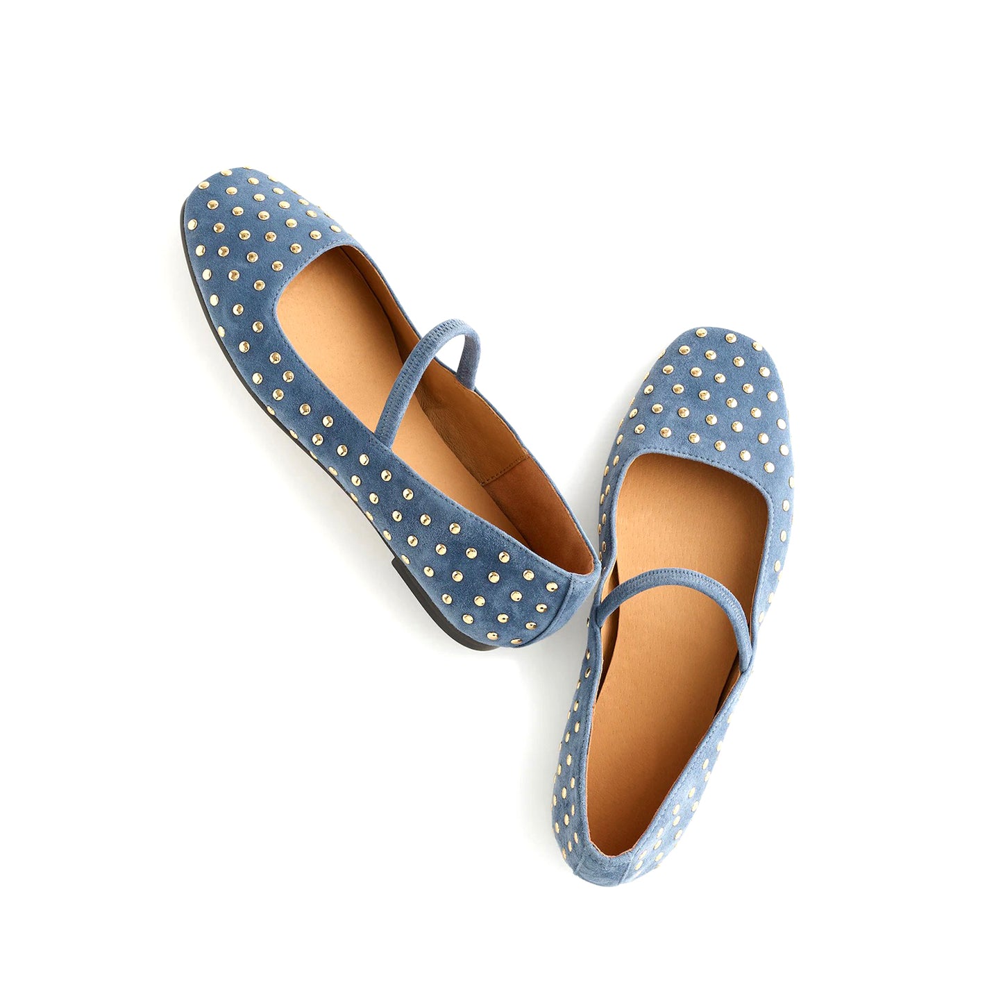 Blue Faux Suede Square-Toe Bridge Strap Studded Slip-On Flats