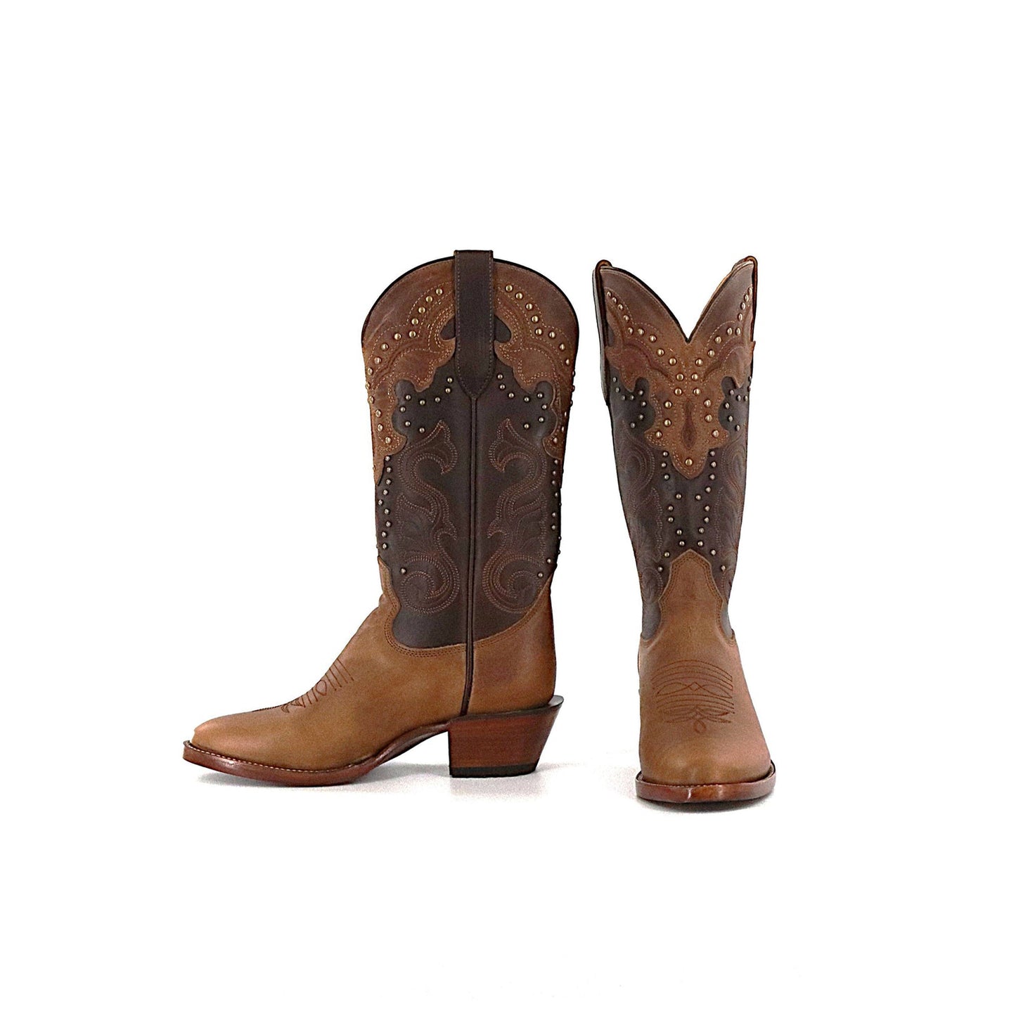 Contrast Brown And Chocolate Round-Toe Embroidery Studded Mid Calf Cowgirl Boots