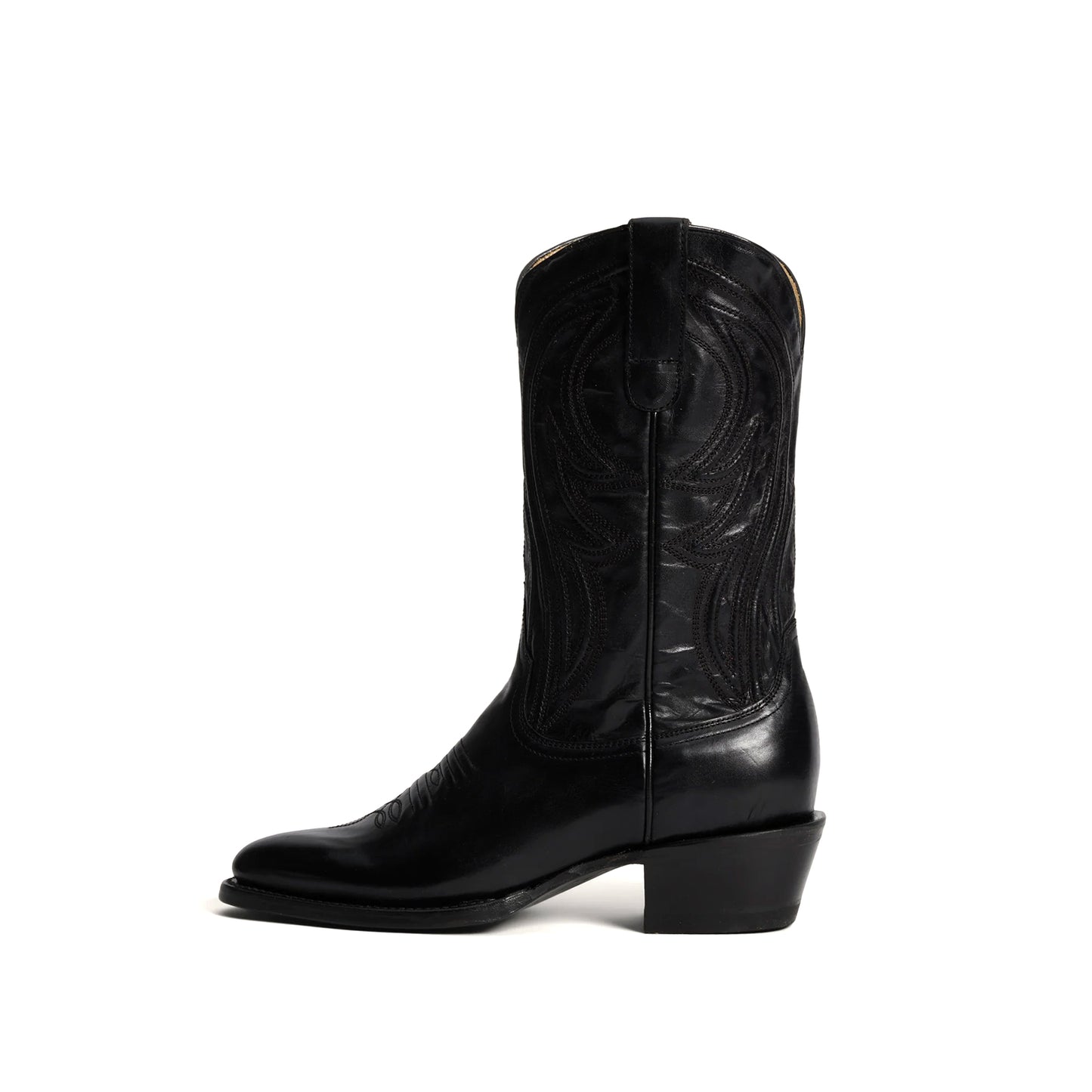 Black Almond-Toe Embroidery Classic Mid Calf Cowgirl Boots