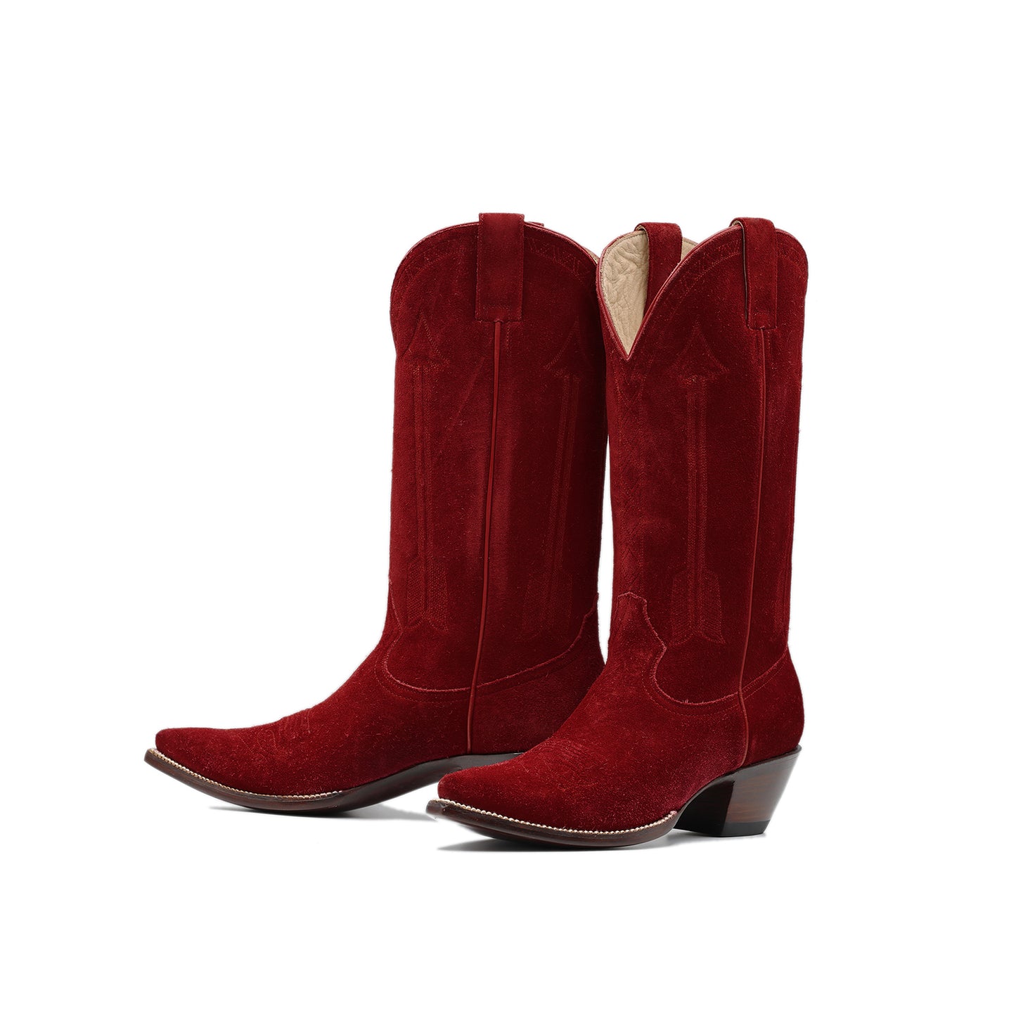 Red Faux Suede Snip-Toe Arrow Embroidery Mid Calf Cowgirl Boots