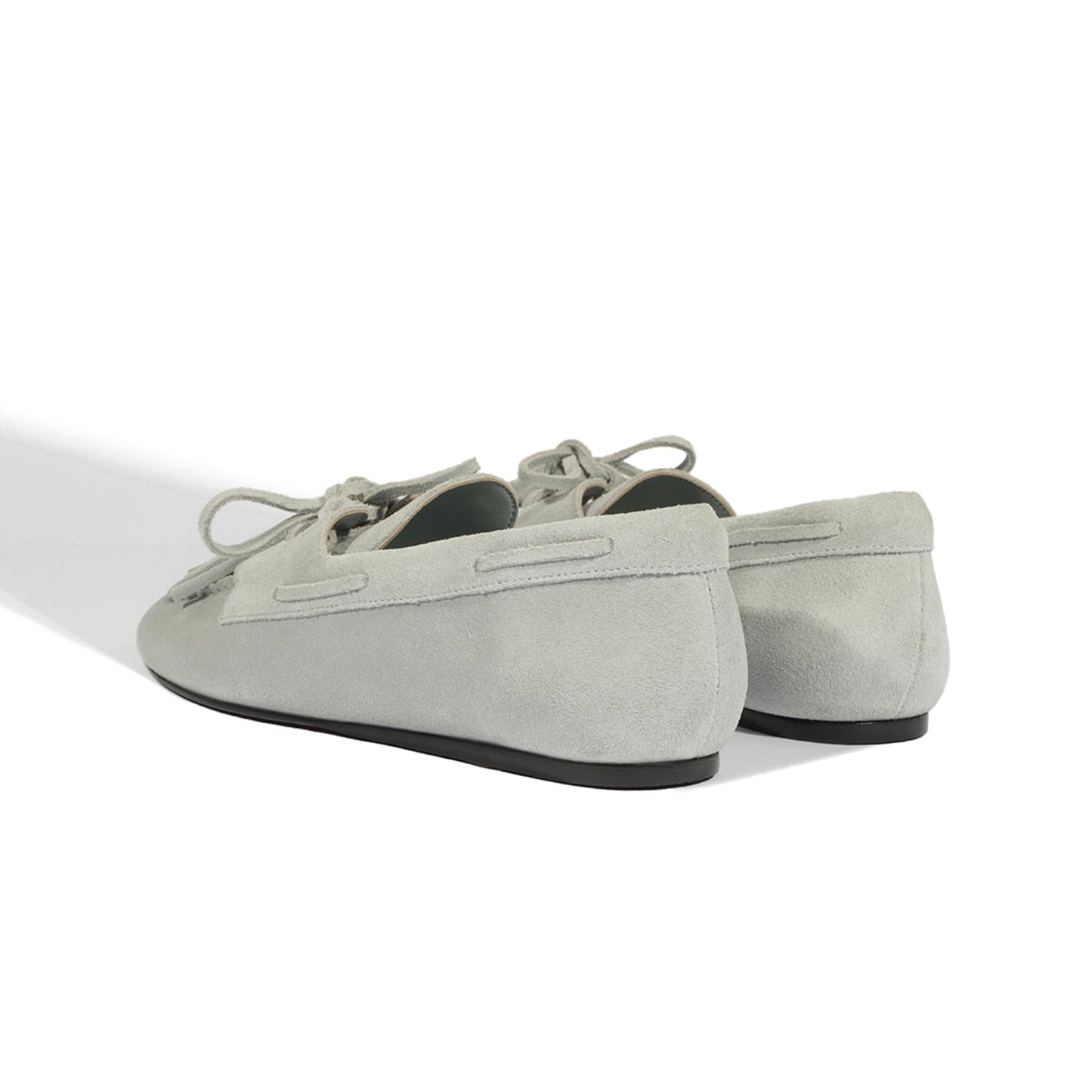 Light Gray Faux Suede Square-Toe Front Bow With Fringe Slip-On Flats