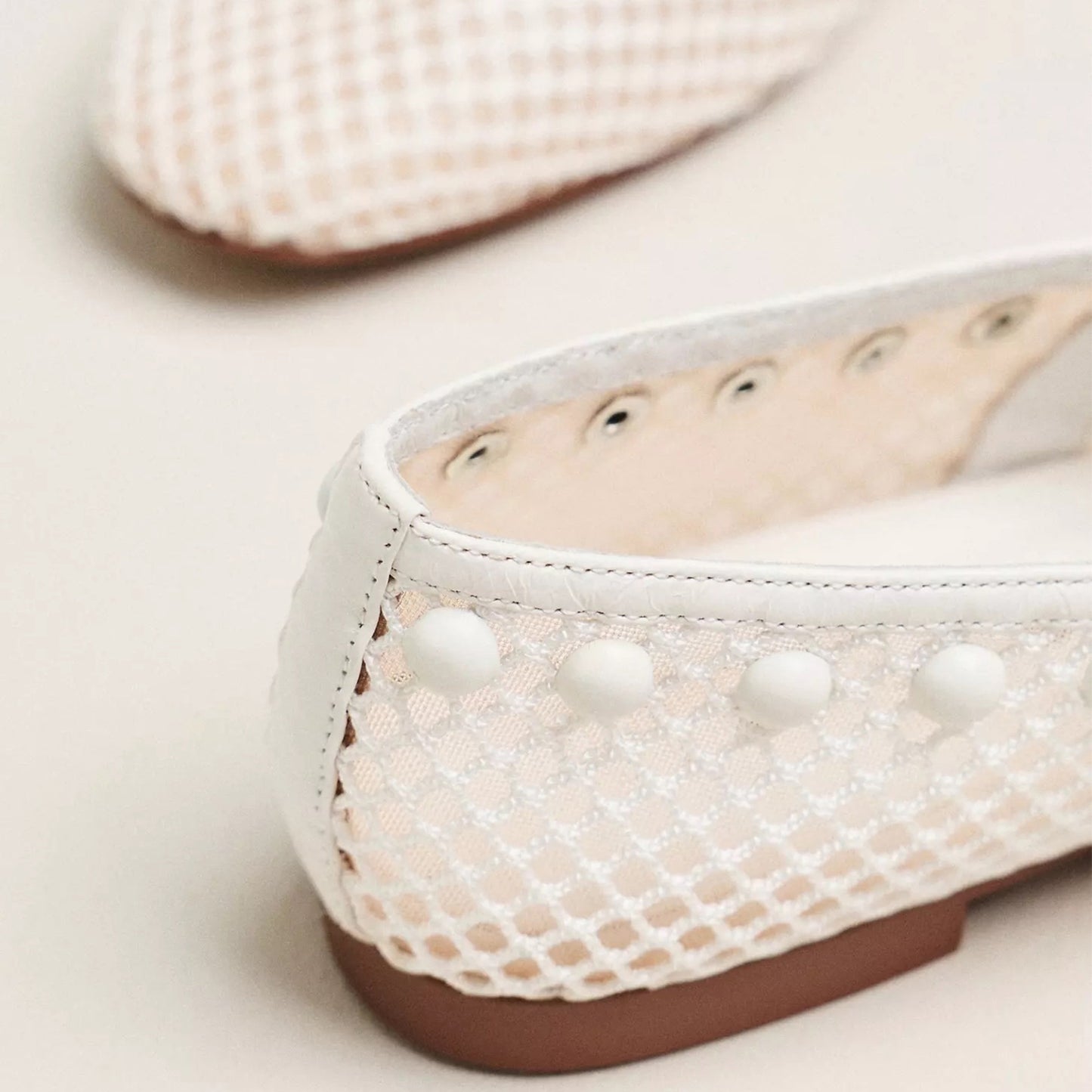 White Mesh Square-Toe Studs And Mary Jane Ballet Flats