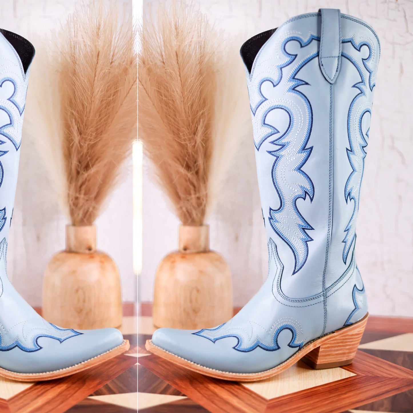 Pastel Blue Almond-Toe Embroidery Tall Wide Calf Knee High Cowgirl Boots