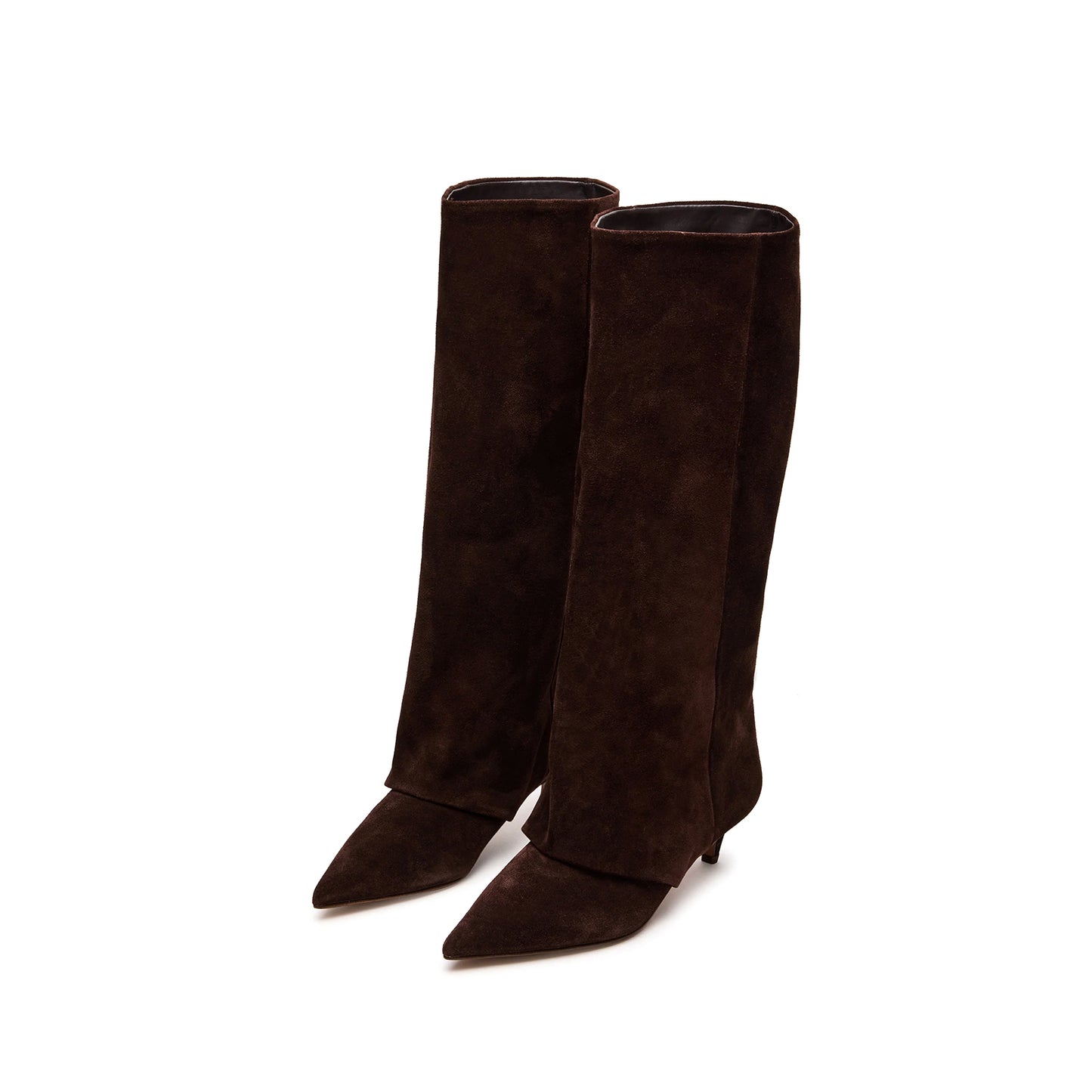 Brown Faux Suede Pointed-Toe Fold-Over Wide Calf Knee High Stiletto Boots
