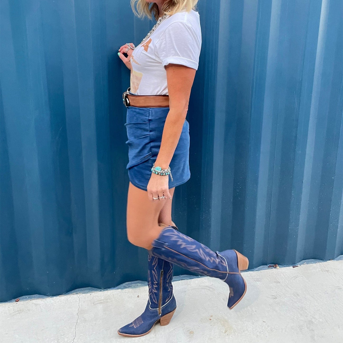 Blue Denim Snip-Toe Half-Zip Embroidery Knee High Cowgirl Boots