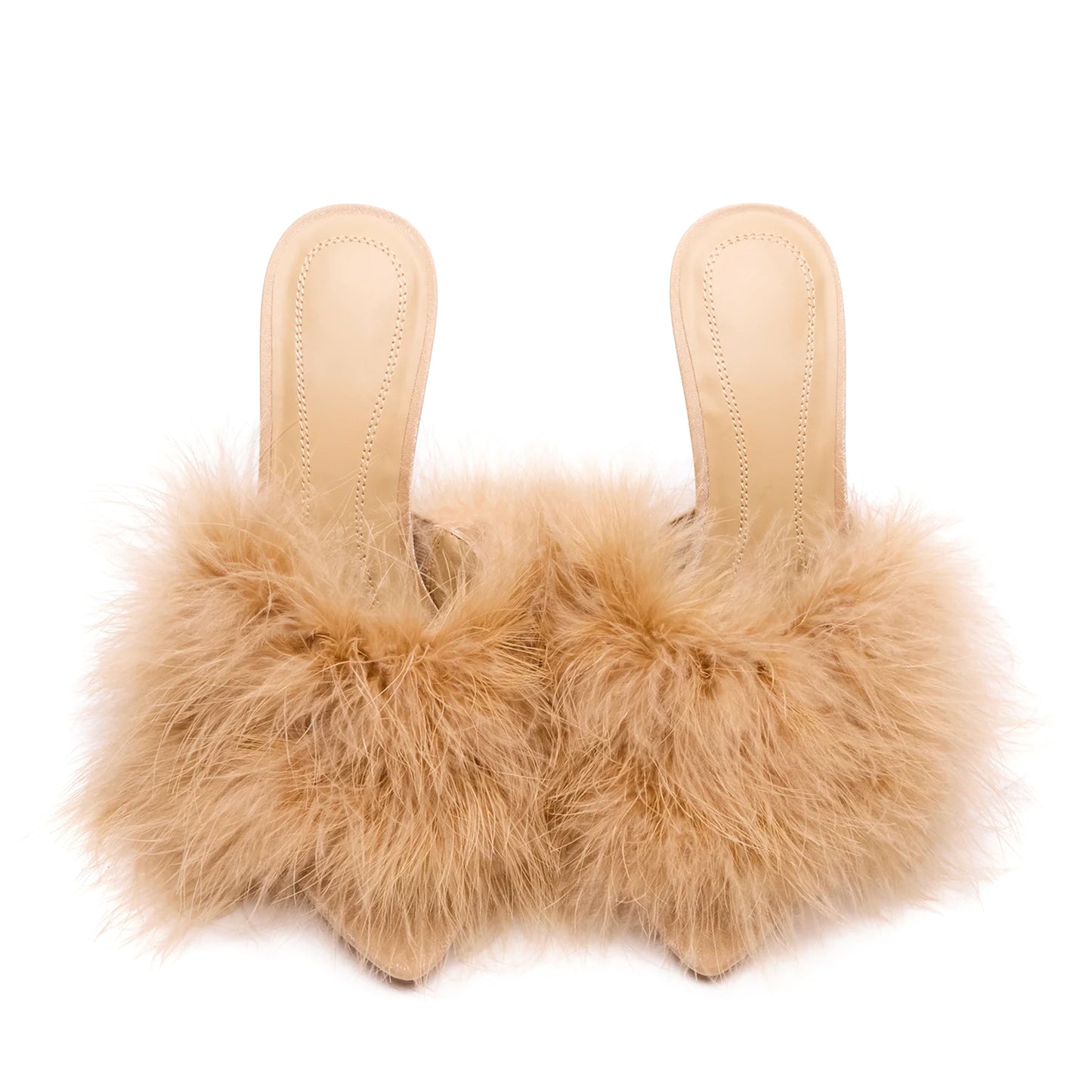 Tan Pointed-Toe Front Plush Slip-On High Heels
