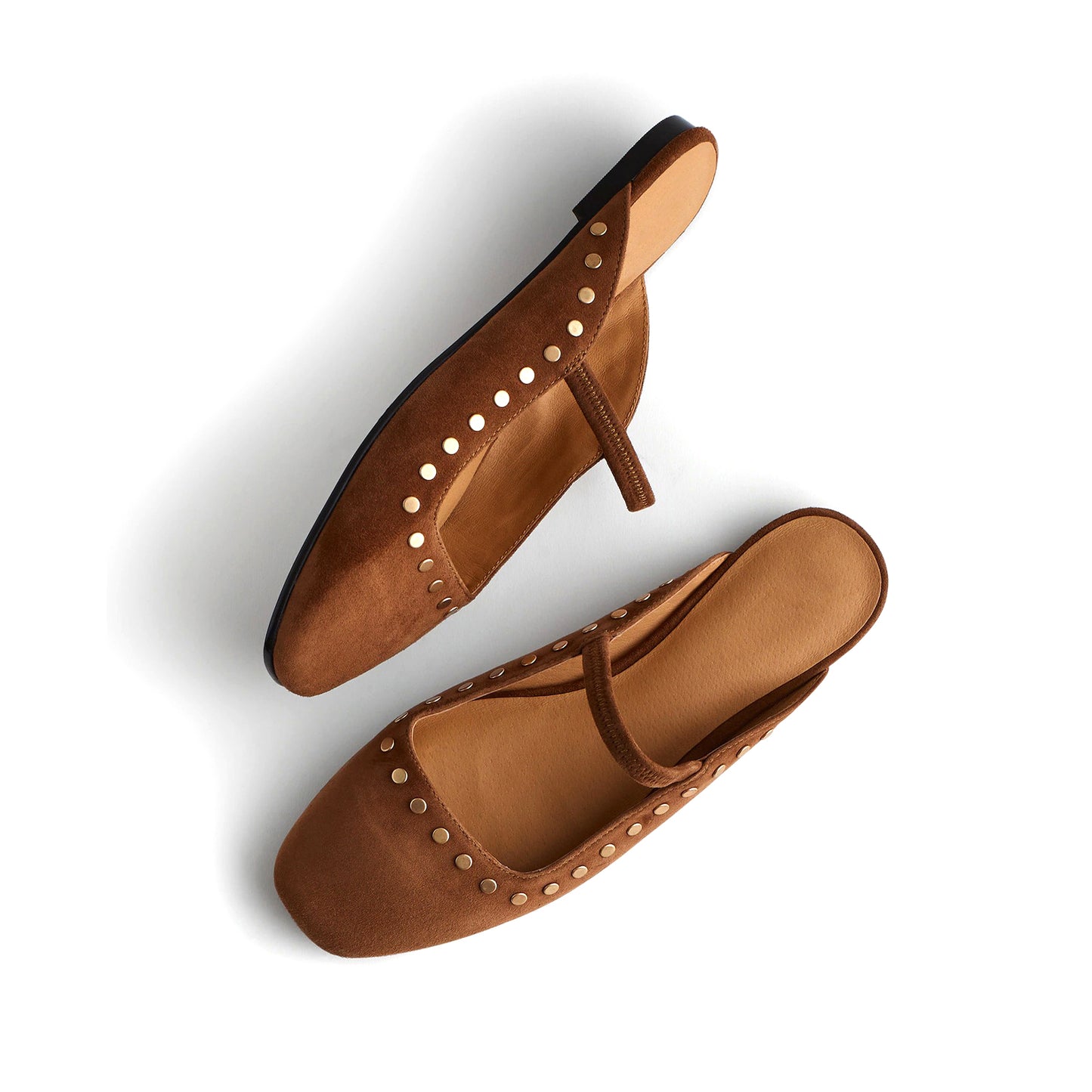 Cognac Faux Suede Square-Toe Bridge Strap Studded Slip-On Flats