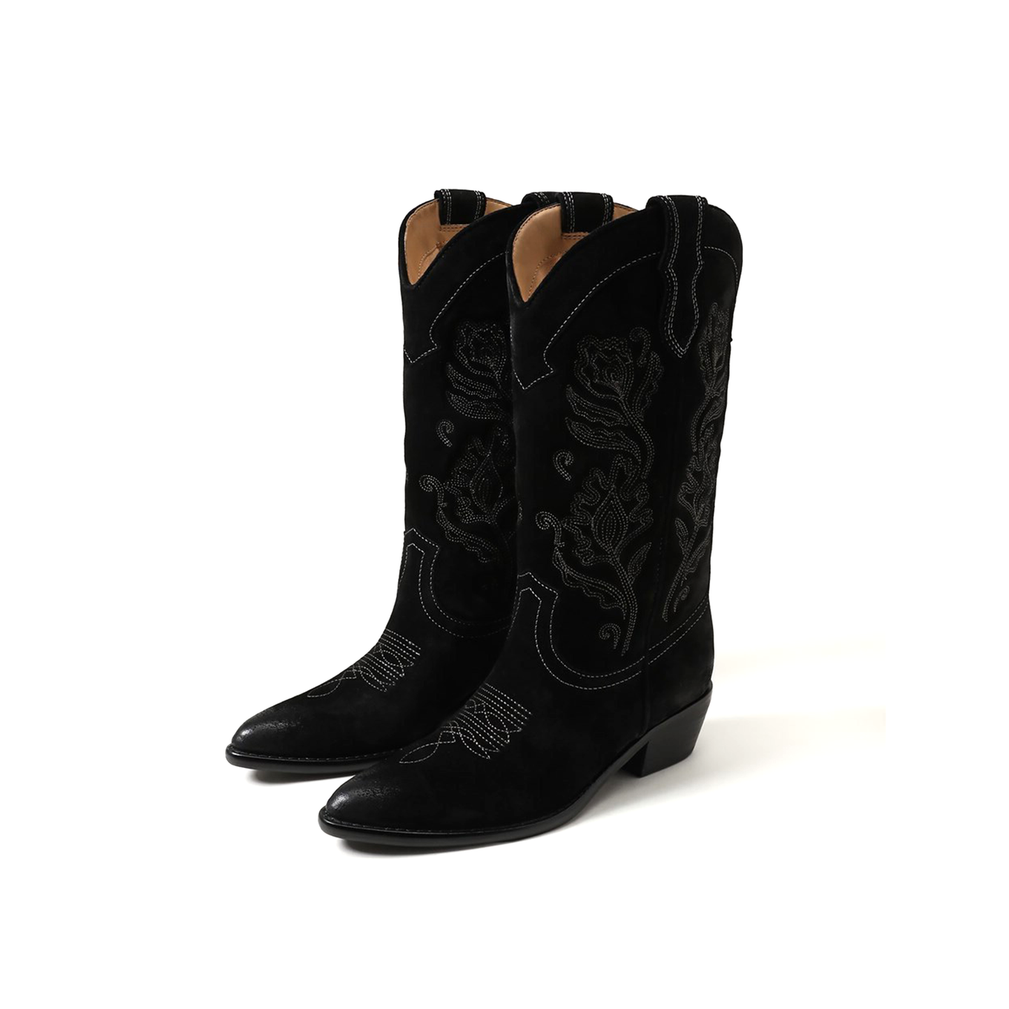 Black Faux Suede Almond-Toe Flowers Embroidery Mid Calf Cowgirl Boots