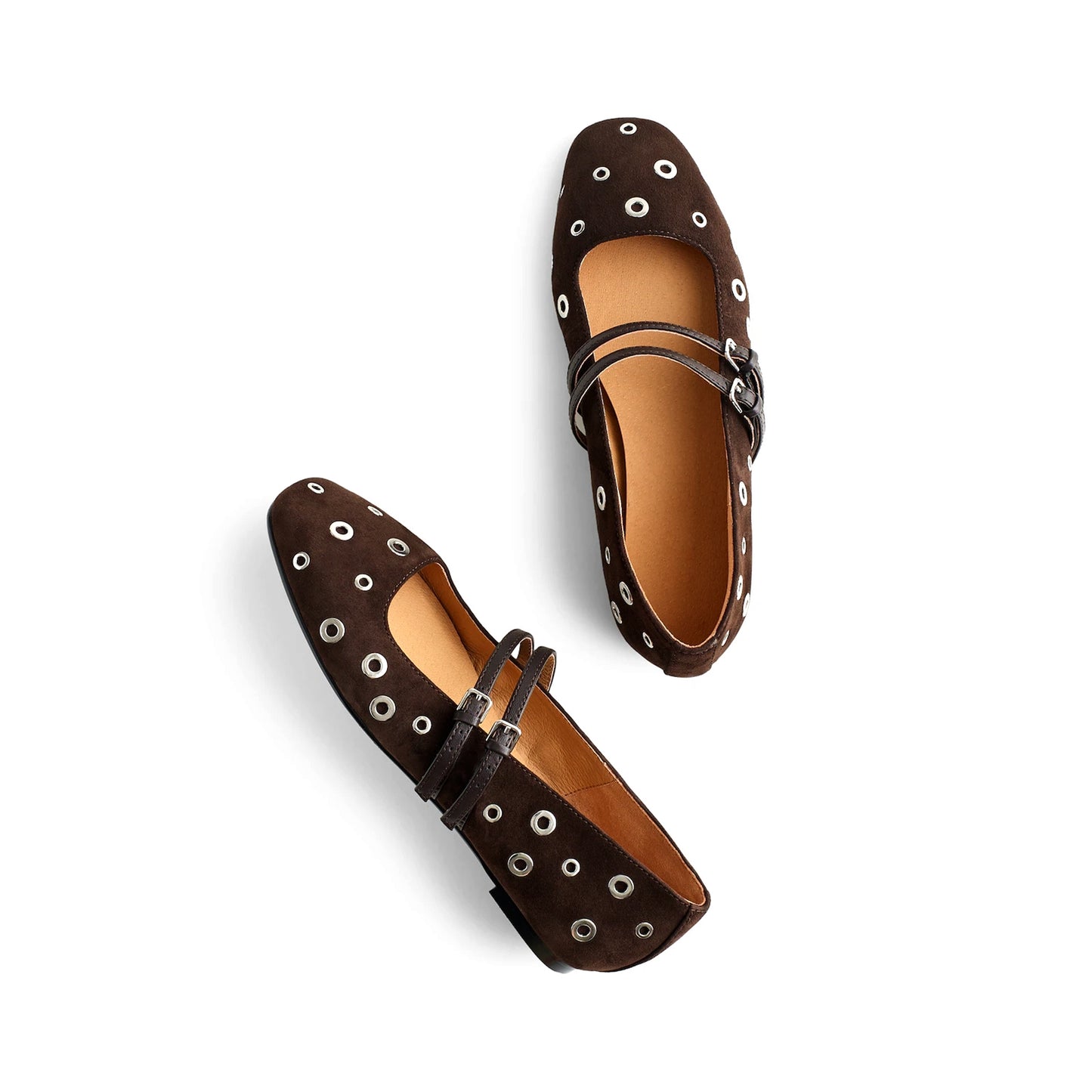 Cocoa Faux Suede Square-Toe Eyelet Double Buckle Bridge Strap Flats