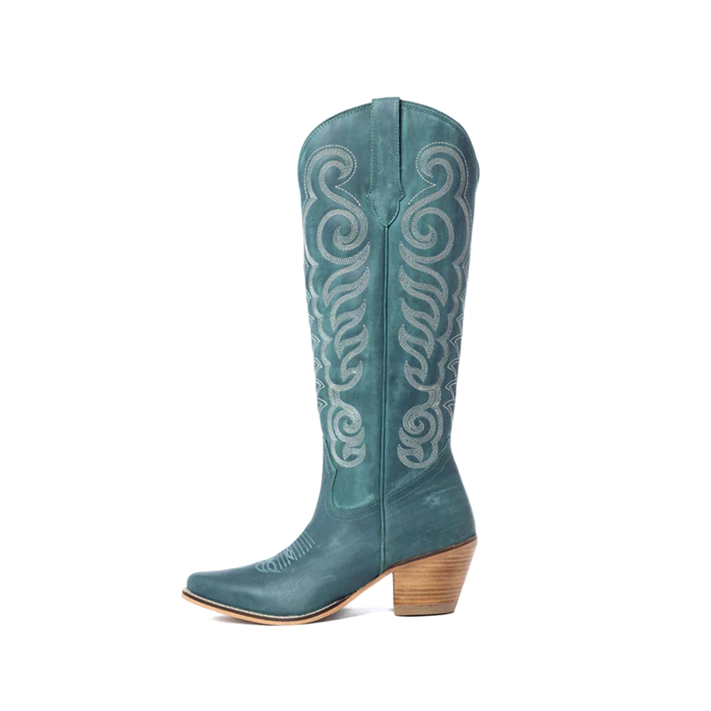 Turquoise Almond-Toe Curled Embroidery Full-Zip Knee High Cowgirl Boots
