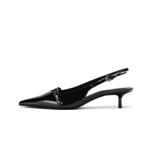 Patent Black Pointed-Toe Front Strap Slingback Kitten Heels