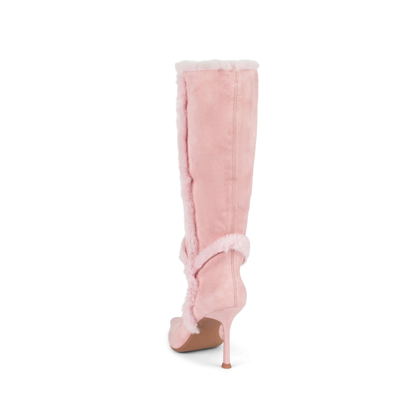 Pink Faux Suede Pointed-Toe Plush Fold-Over Knee High Stiletto Boots