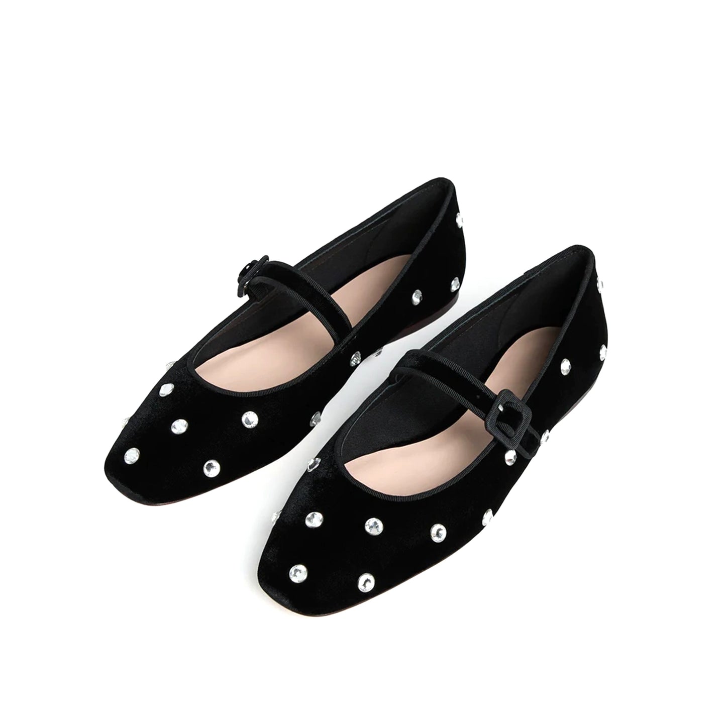 Black Velvet Square-Toe Bridge Strap Ballet Flats With Rhinestones