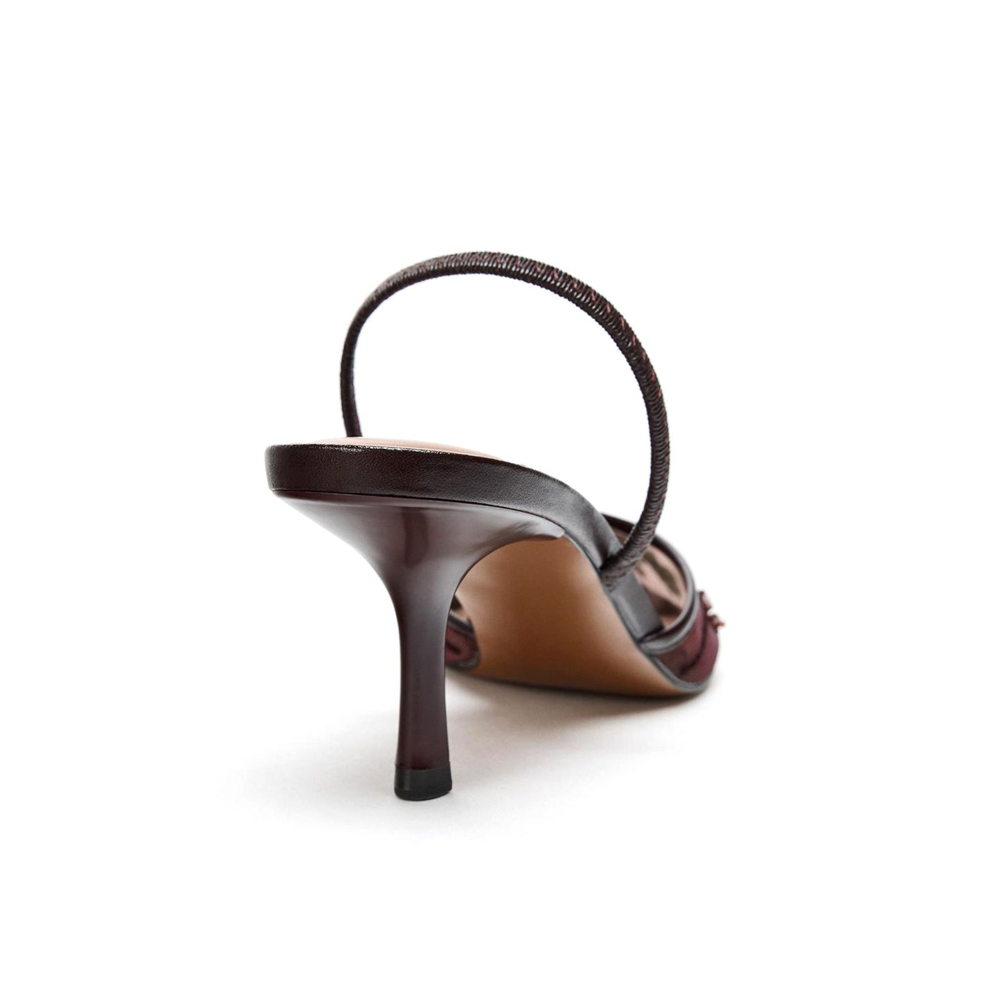 Brown Mesh Pointed-Toe Sparkly Front And Elastic Slingback Kitten Heels