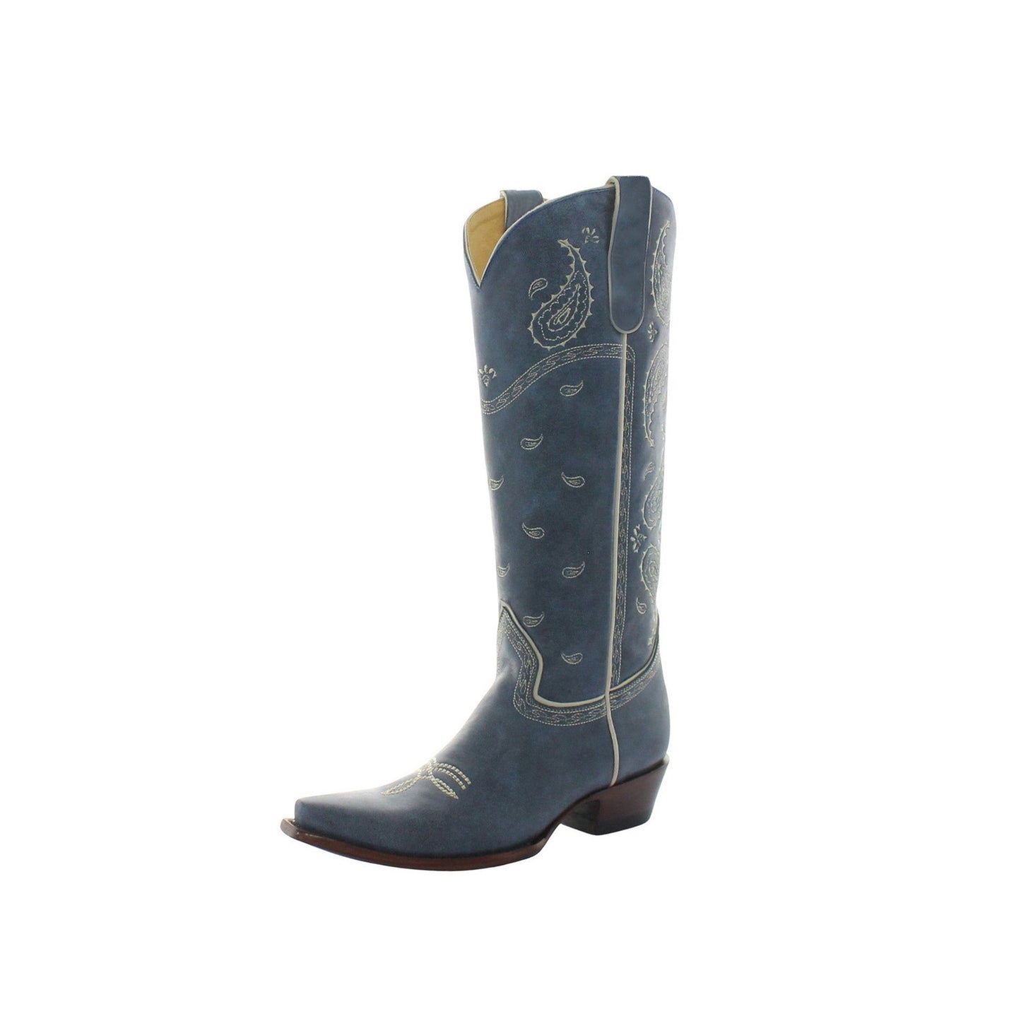 Blue Snip-Toe Paisley Embroidery Half-Zip Knee High Cowgirl Boots