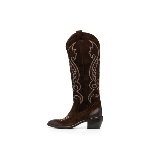 Dark Brown Faux Suede Pointed-Toe Embroidery Wide Calf Knee High Cowgirl Boots