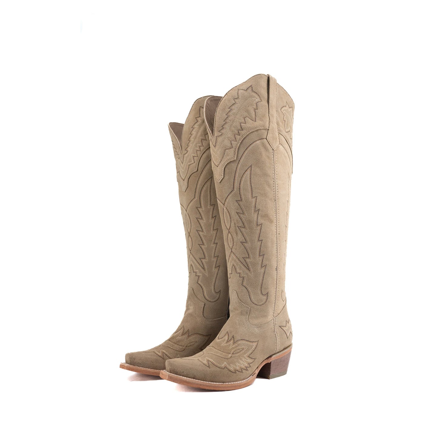 Sand Faux Suede Snip-Toe Embroidery Half-Zip Knee High Cowgirl Boots