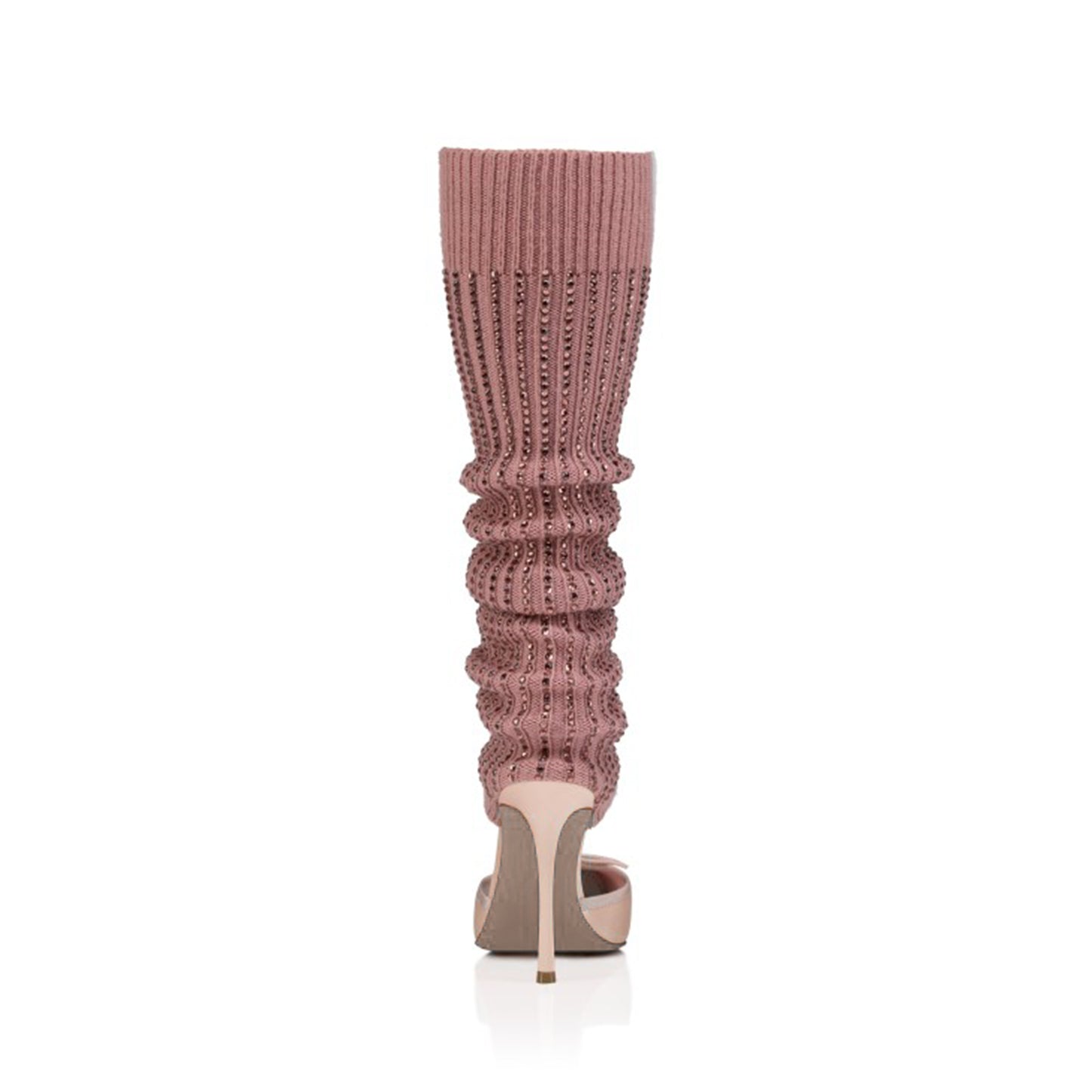 Satin Square-Toe Pink Woolen Shaft With Rhinestone Knee High Stiletto Boots