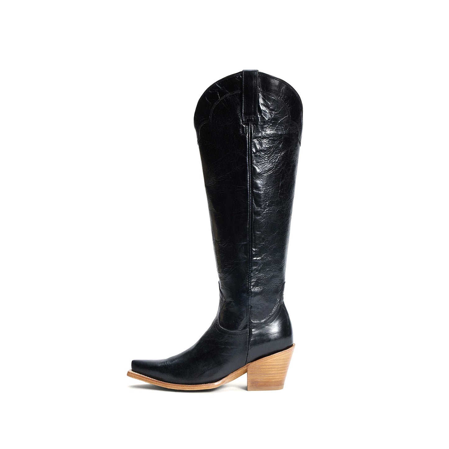 Black Snip-Toe Simple Half-Zip Tall Knee High Cowgirl Boots