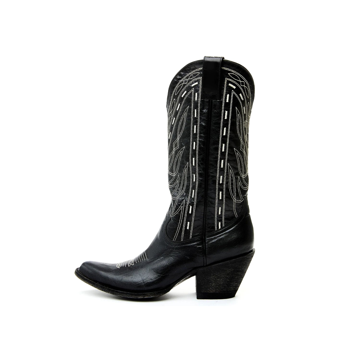 Black Pointed-Toe Western Embroidery Mid Calf Cowgirl Boots