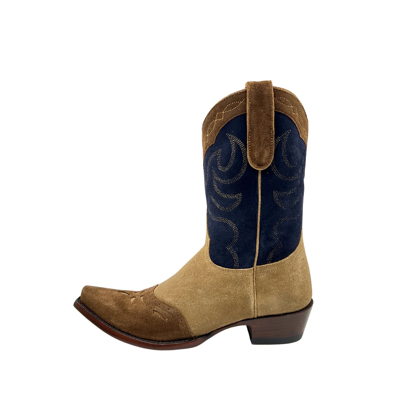 Contrast Tri-Color Faux Suede Snip-Toe Embroidery Mid Calf Cowgirl Boots