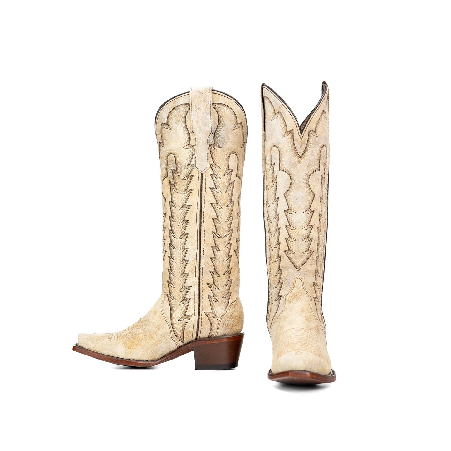 Distressed Bone Snip-Toe Embroidery Wide Calf Knee High Cowgirl Boots