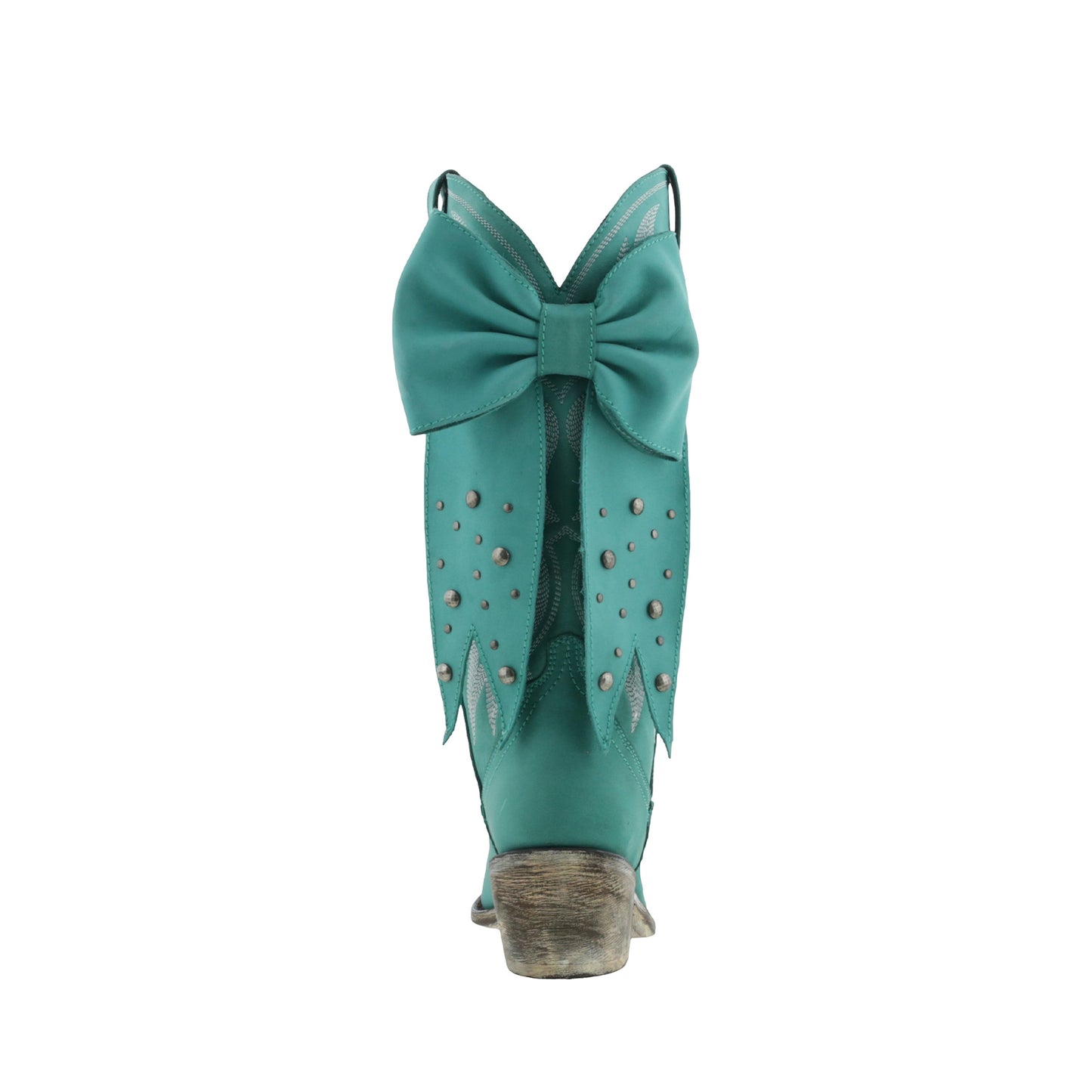 Turquoise Pointed-Toe Embroidery Back Studded Bow Mid Calf Cowgirl Boots