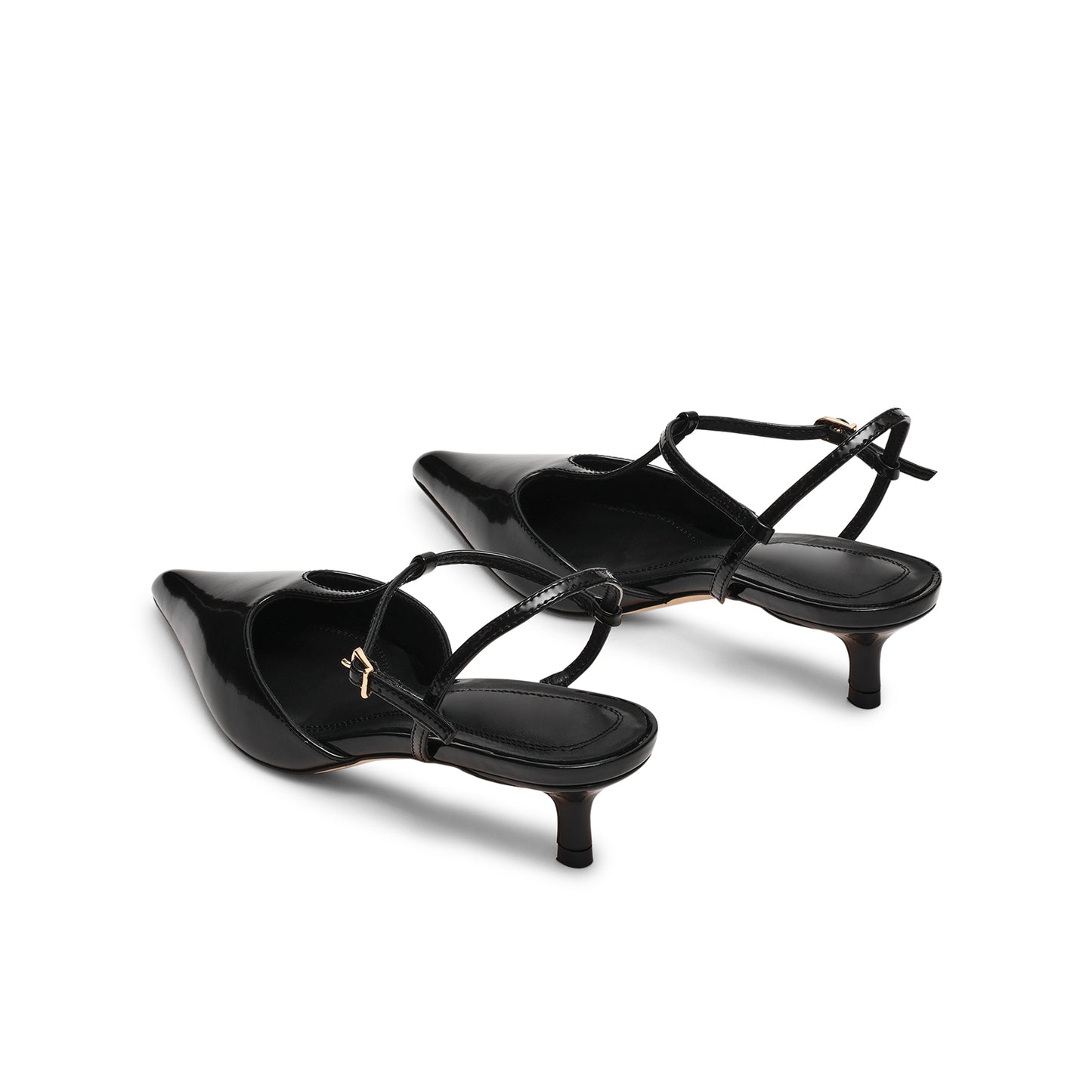 Patent Black Pointed-Toe Straps Kitten Heels