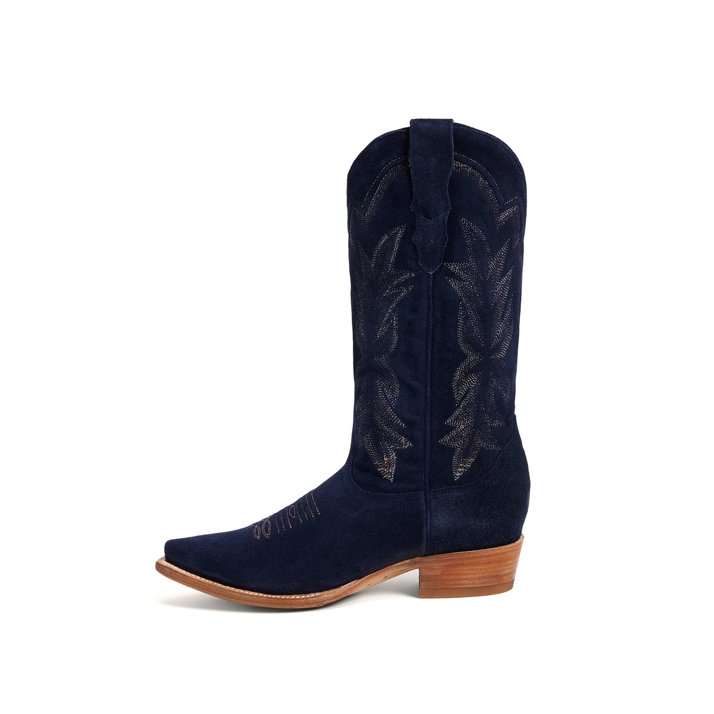 Dark Blue Faux Suede Snip-Toe Embroidery Mid Calf Cowgirl Boots