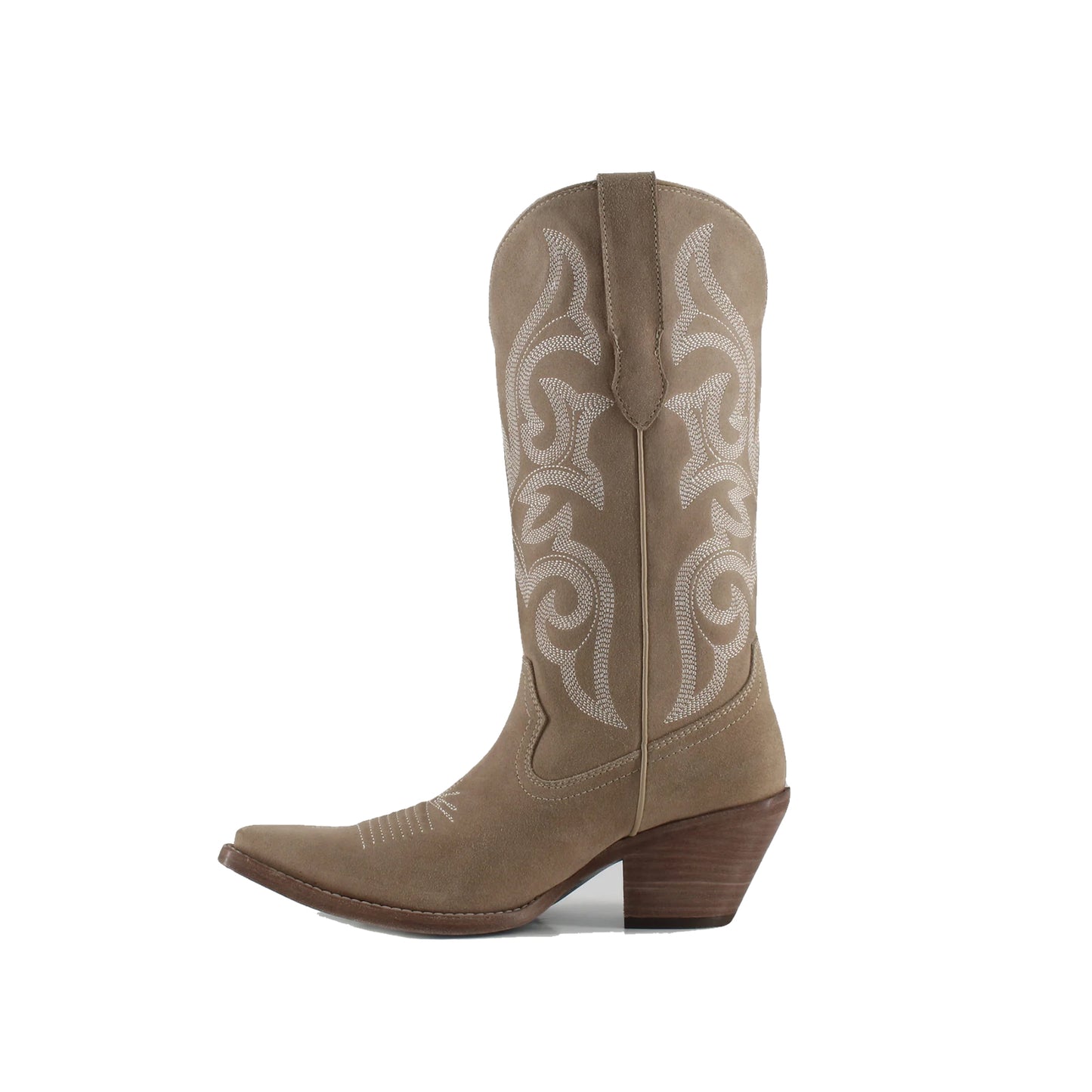 Sand Faux Suede Snip-Toe Mid Calf Embroidery Cowgirl Boots