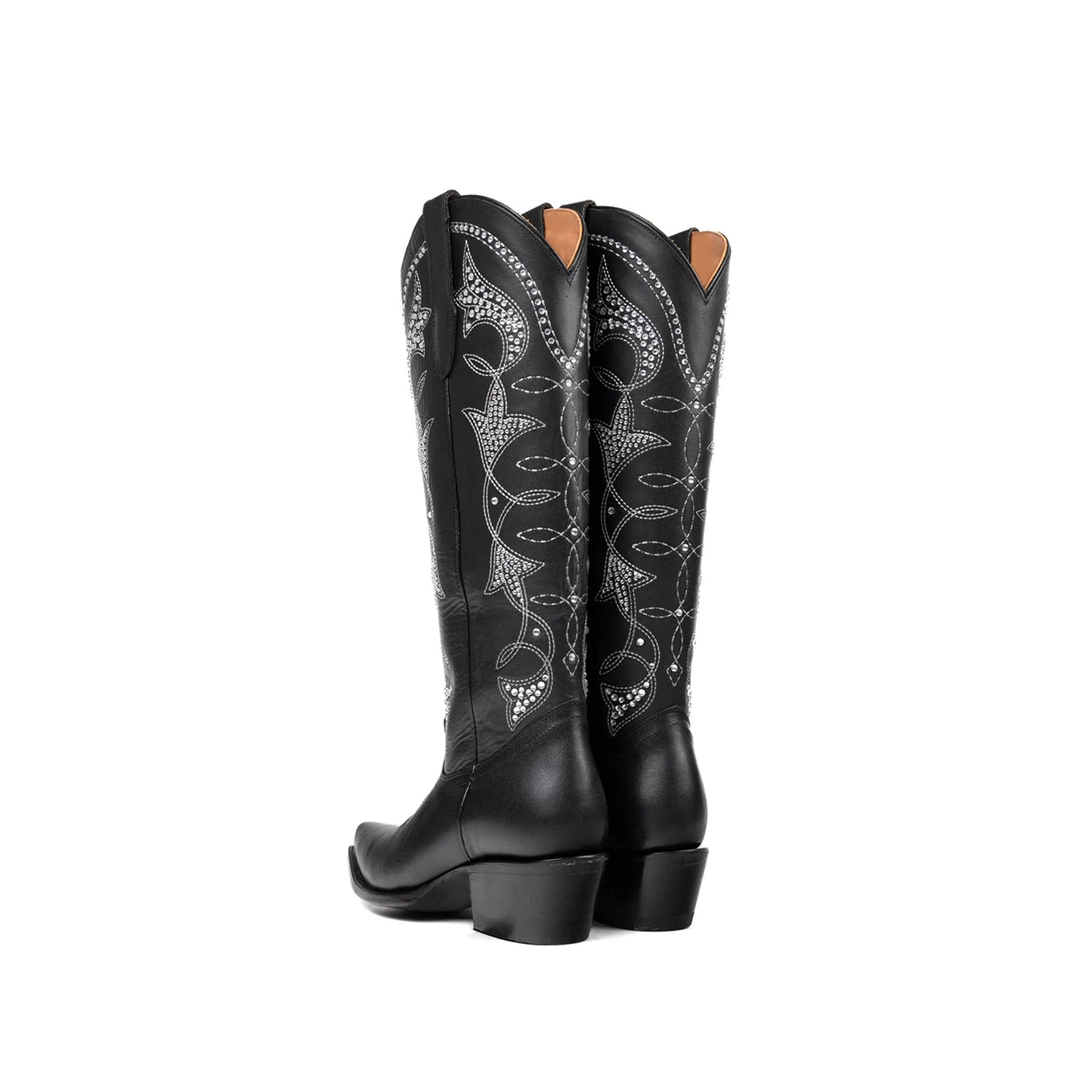 Black Snip-Toe Rhinestone Embroidery Half-Zip Knee High Cowgirl Boots