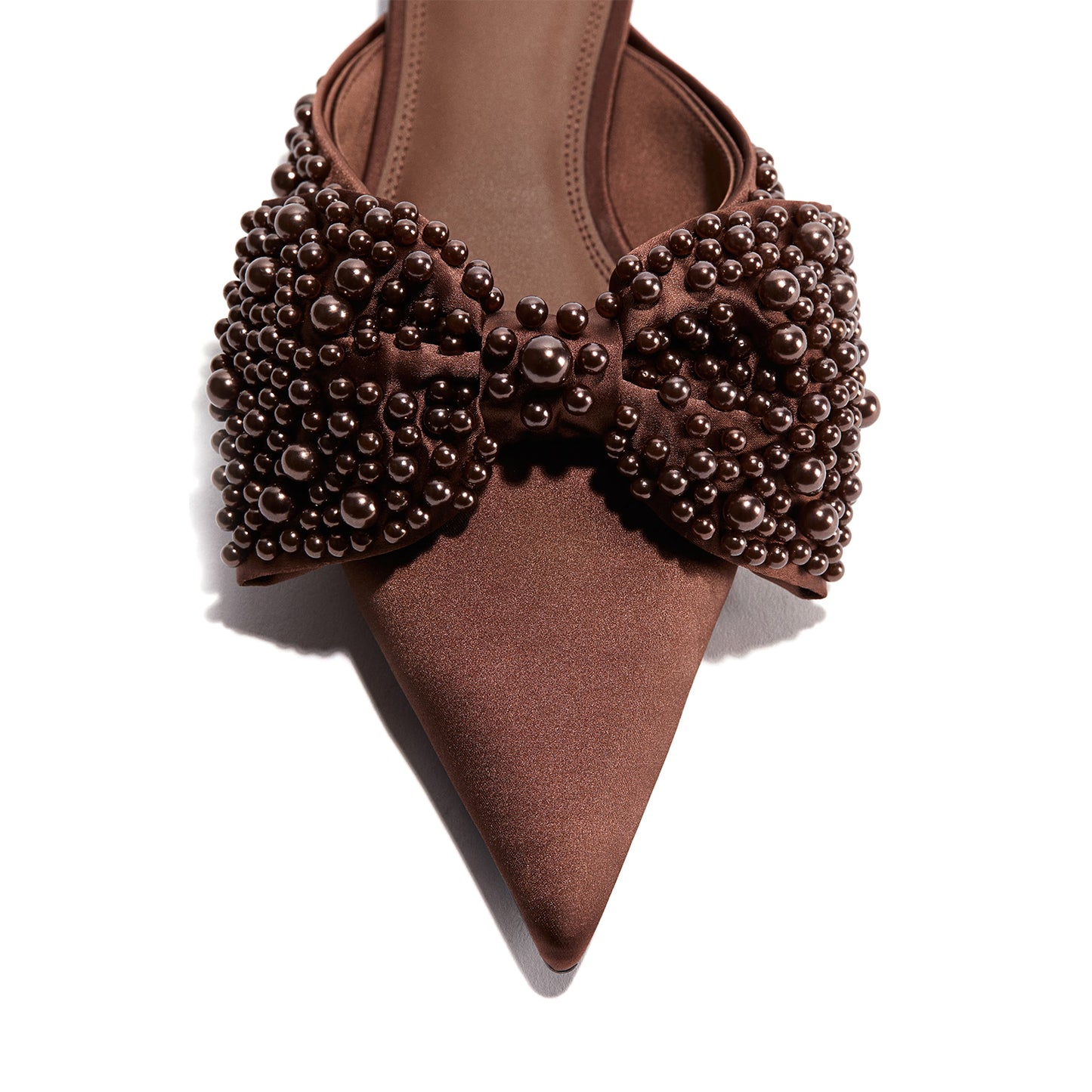 Coffee Satin Pointed-Toe Front Studded Bow Slip-On Flats