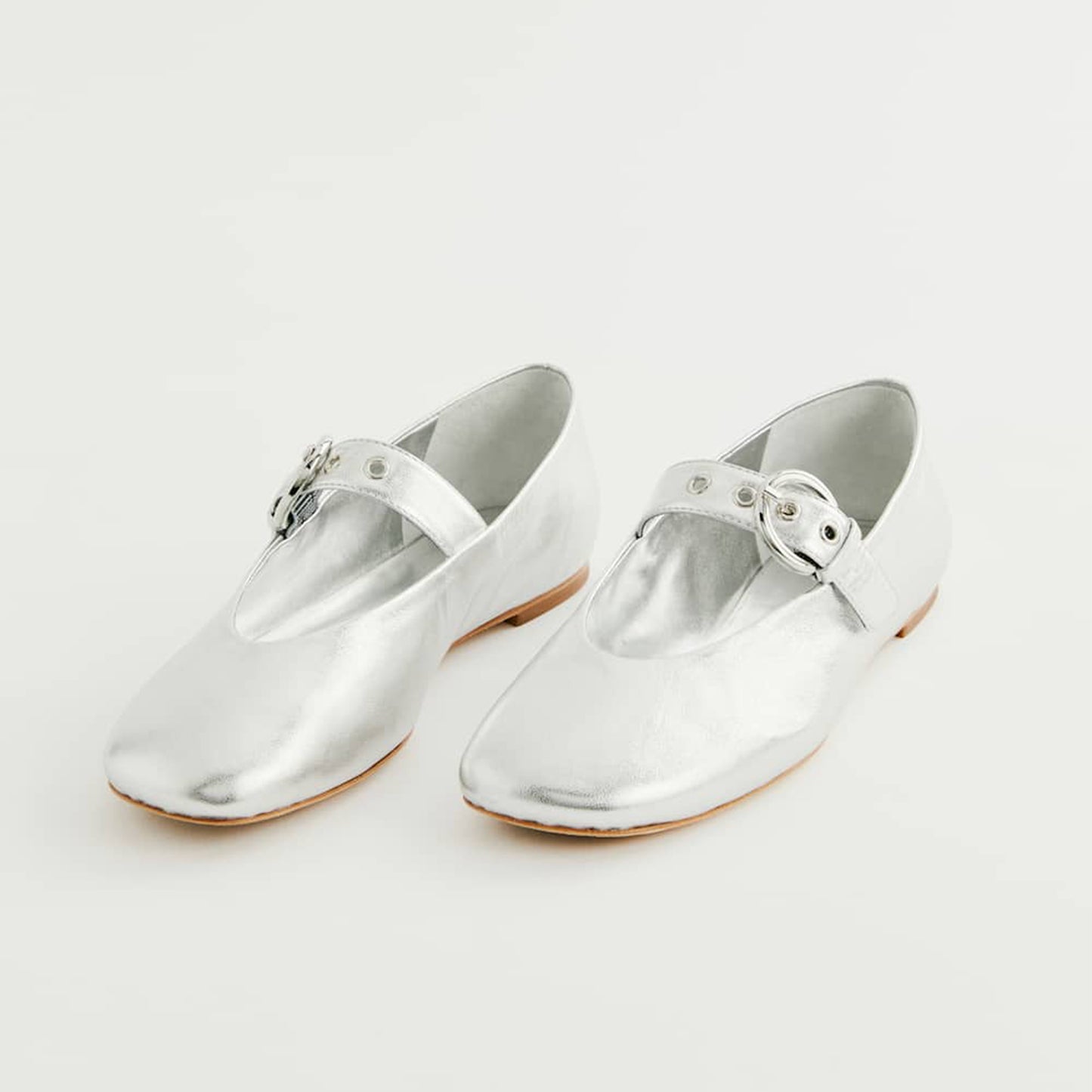 Metallic Silver Square-Toe Classic Buckle Bridge Strap Ballet Flats