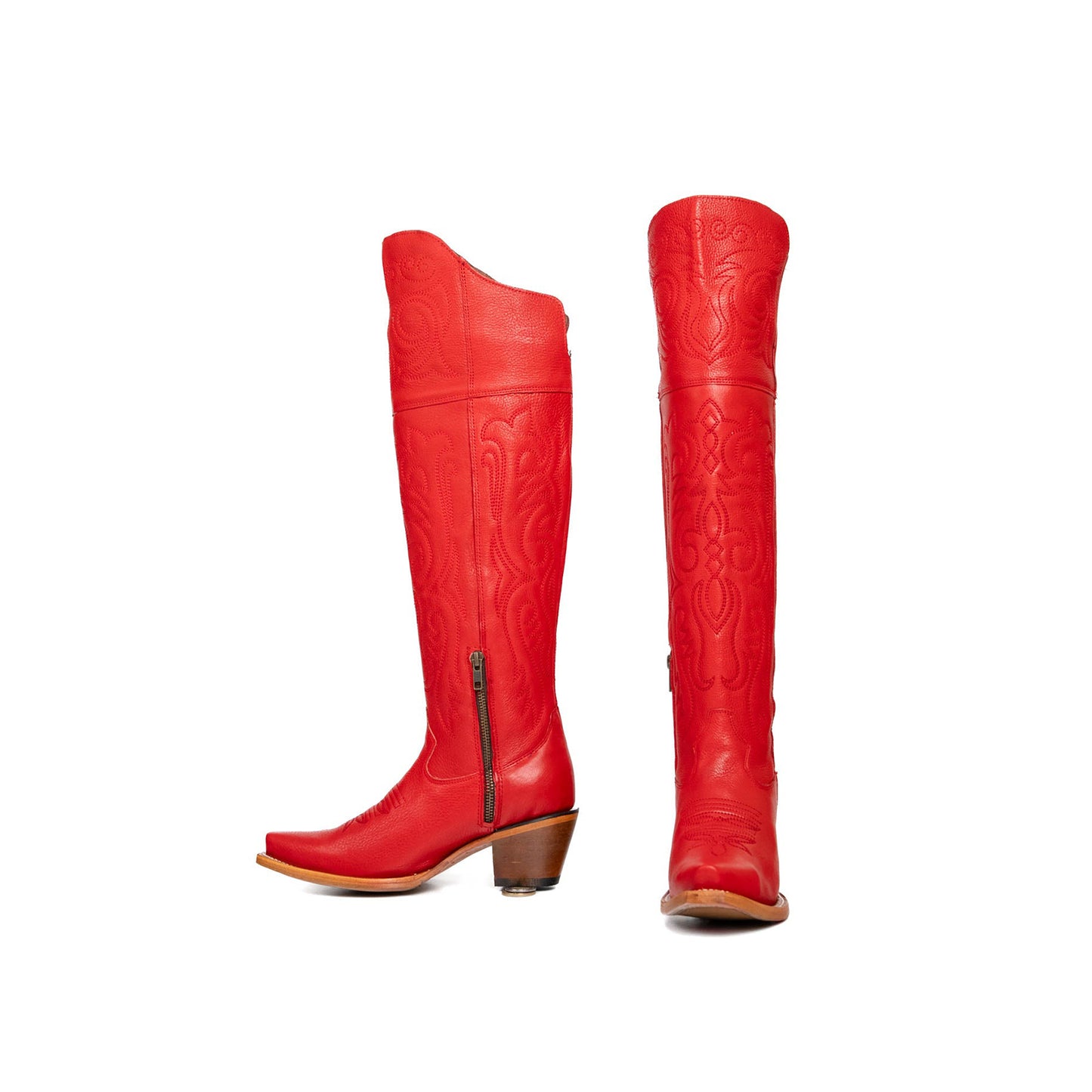 Red Snip-Toe Classic Embroidery Half-Zip Over-The-Knee Cowgirl Boots