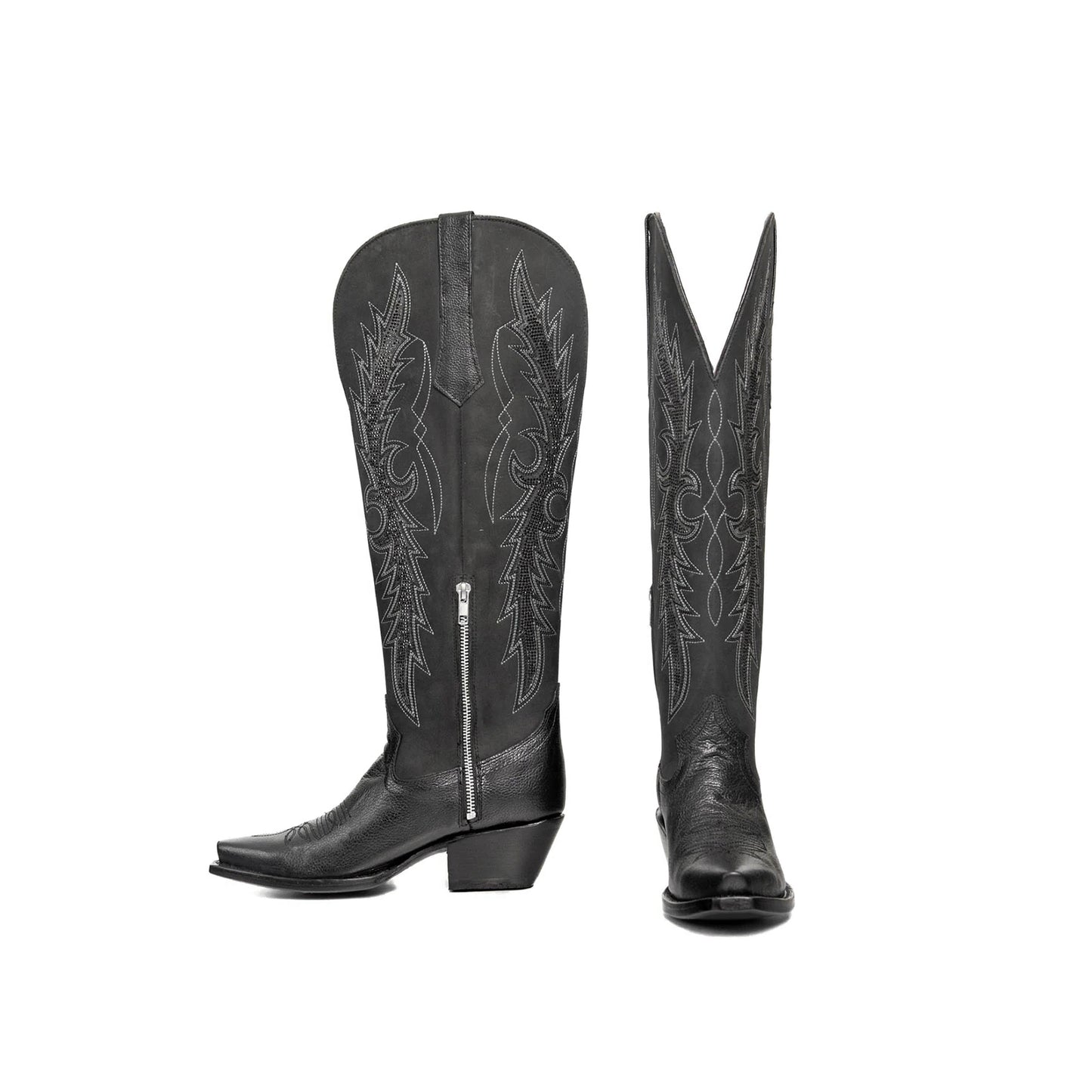 Black Snip-Toe Black Rhinestone Embroidery Half-Zip Knee High Cowgirl Boots