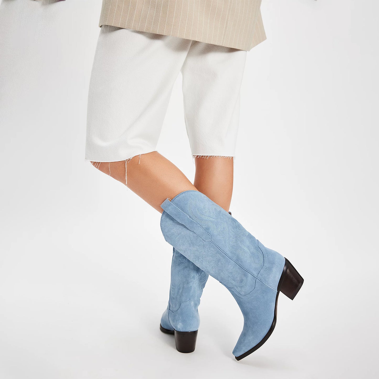 Blue Faux Suede Snip-Toe Classic Embroidery Mid Calf Cowgirl Boots