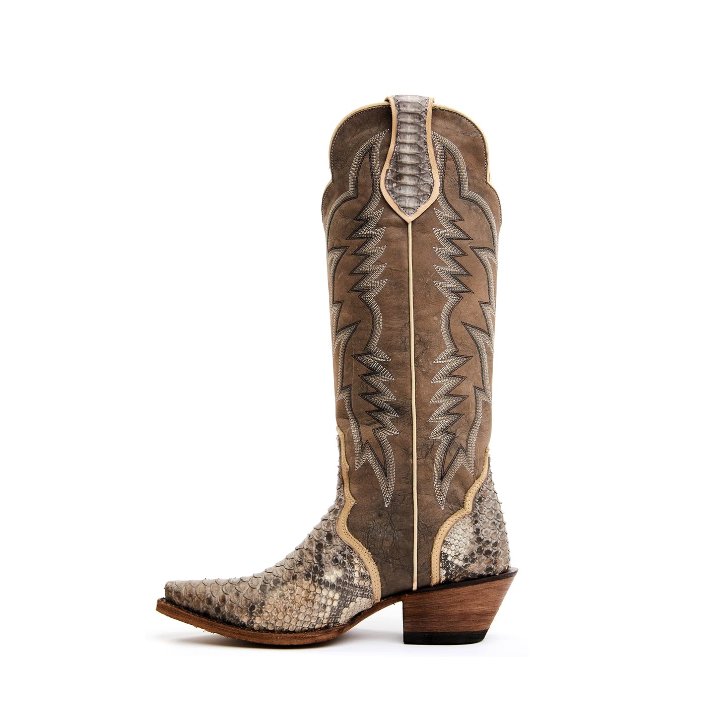 Contrast Brown and Snakeskin Snip-Toe Embroidery Wide Calf Knee High Cowgirl Boots