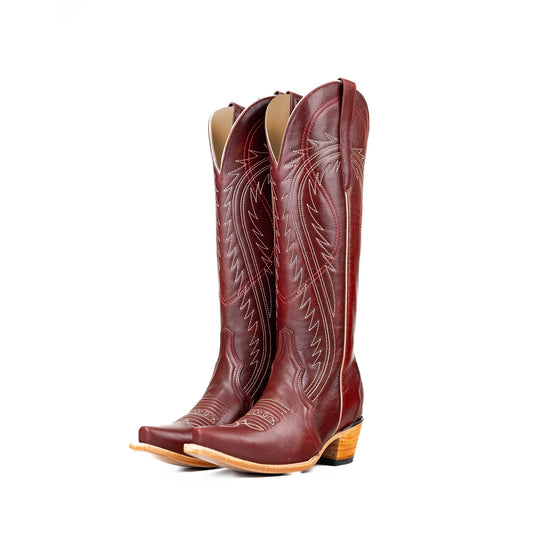 Wine Red Snip-Toe Half-Zip Double Embroidery Knee High Cowgirl Boots